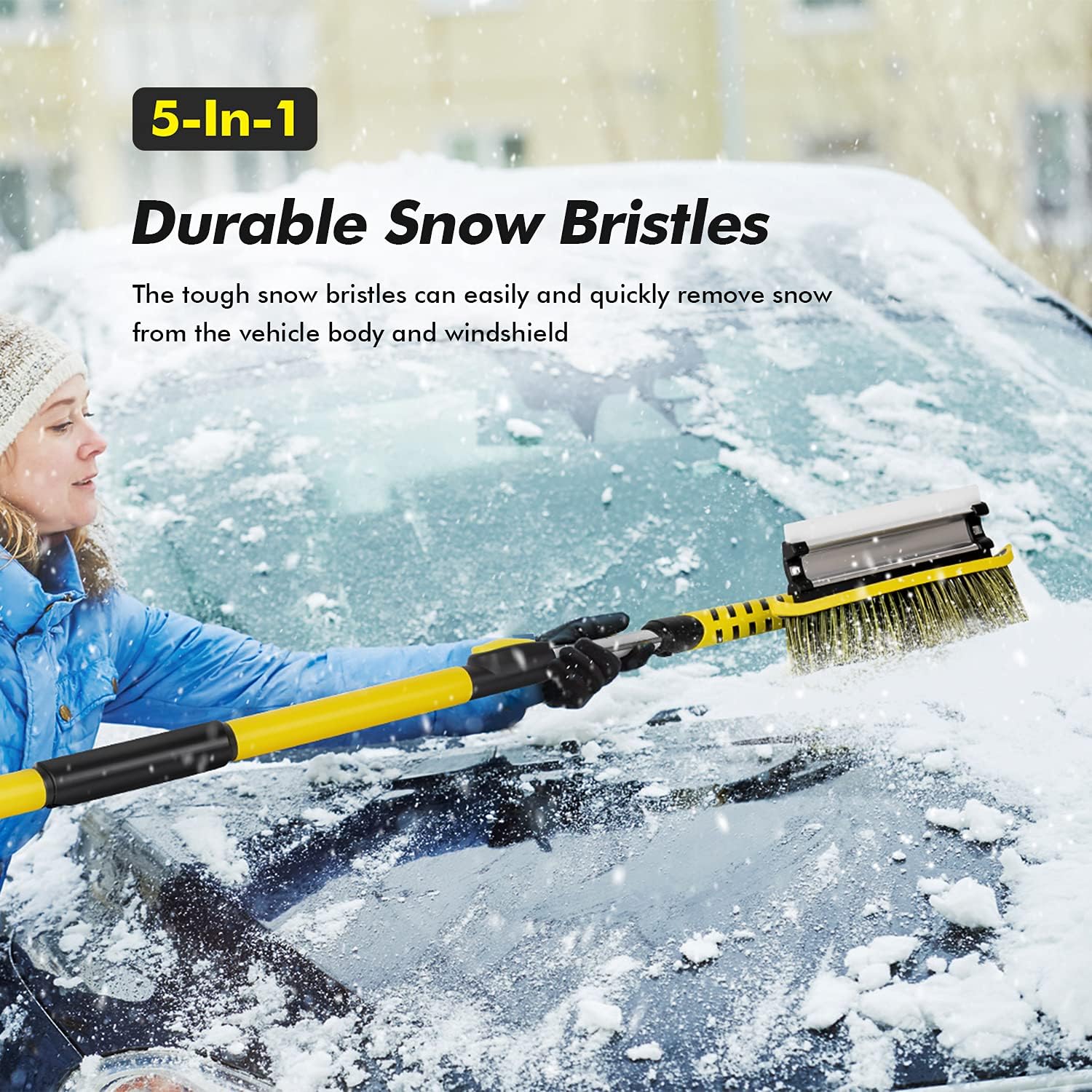 GEJRIO Ice Scraper for Car Windshield, 34.3" to 58.3" Extendable Snow Brush, 5 in 1 Snow Scraper for Car Auto SUV Truck, Yellow