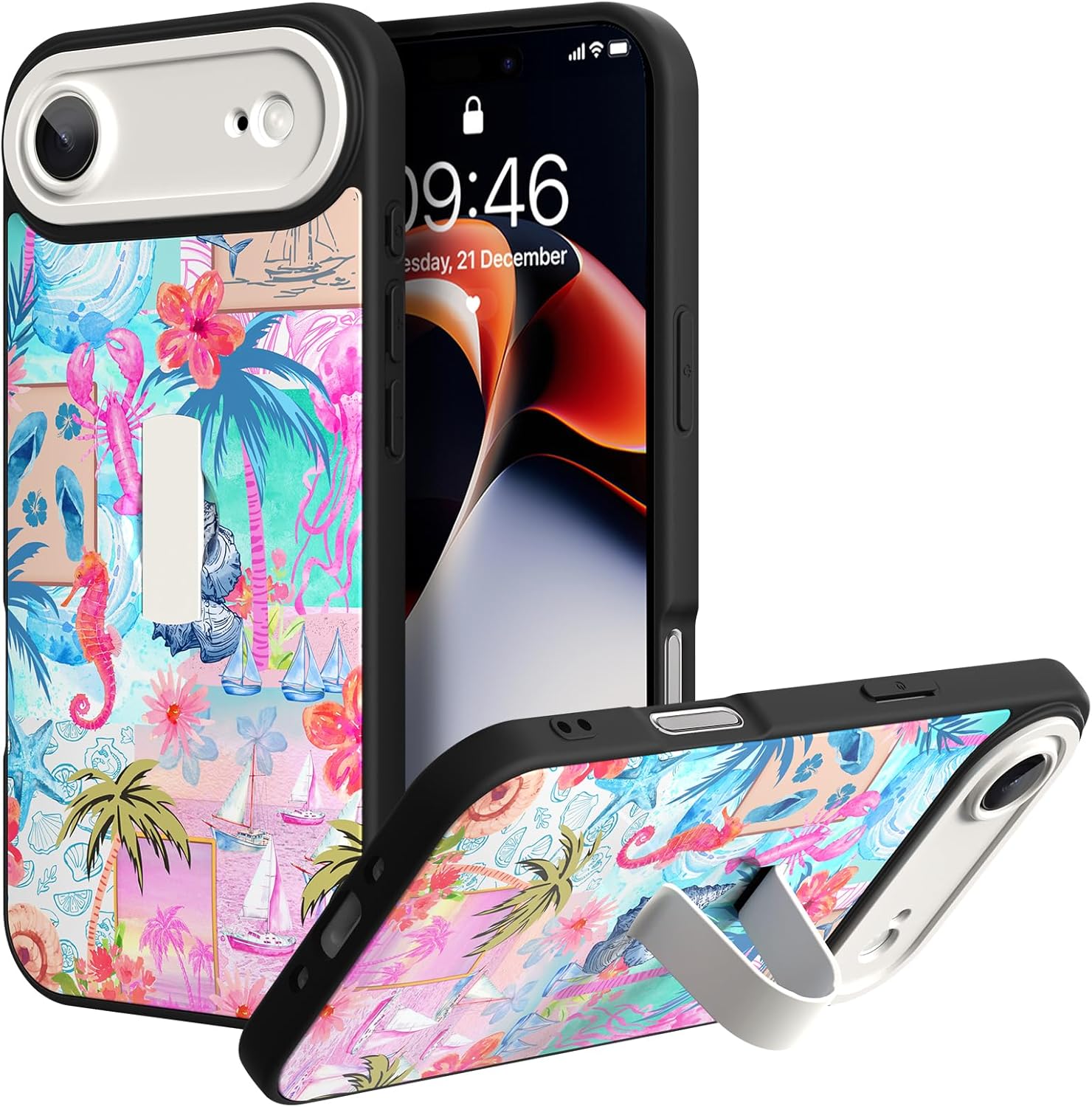 KANGHAR Compatible with iPhone Air Case Summer Collage Sea Beach Pattern Finger Stand Design Full Body Rugged Shockproof Protection Glossy Protective Kickstand Phone Cover 6.7 Inch Blue