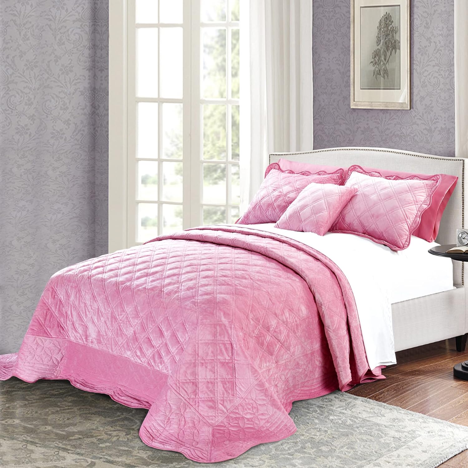 Home Soft Things Super Soft Microplush 4 Piece Bedspread Set Oversize King 120" x 120", Pink Diamond Plaid Scallop Edged Warm Cozy Plush Quilt Comforter Bedding Set with 2 Shams 1 Pillow 120" x 120" Pink