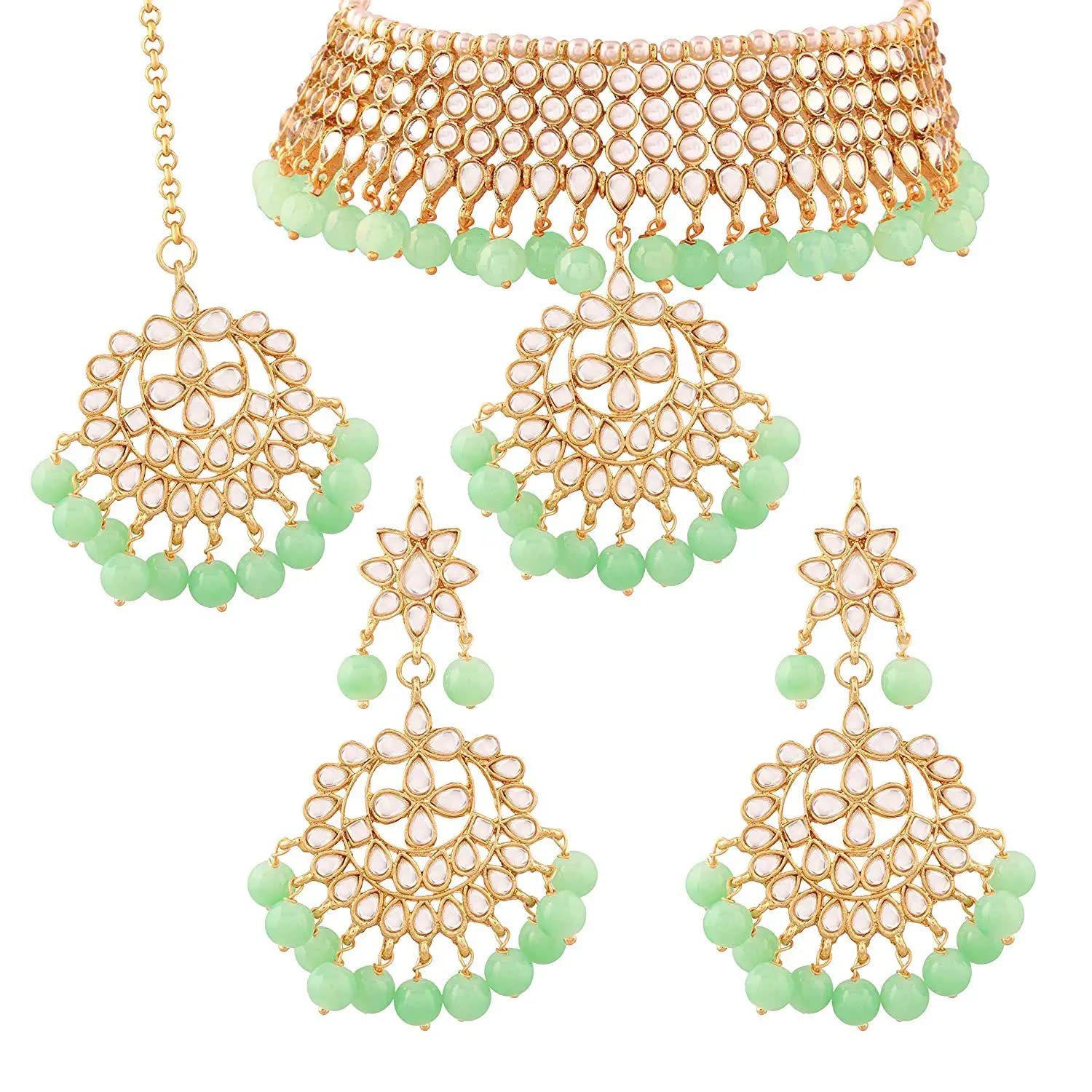 Indian traditional wedding dulhan jewelry sets with earrings and maang tika