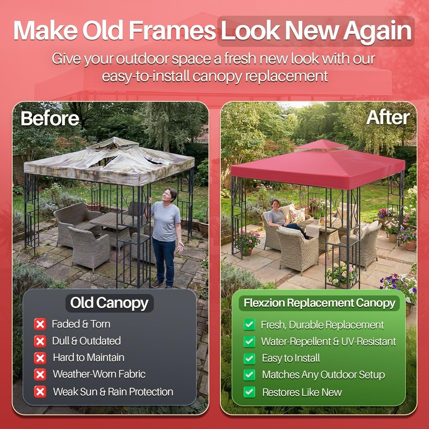 Flexzion Gazebo Cover Replacement Canopy Top 8x8 Ft (2.4m x 2.4m) - Double Tier Top Canopy Cover Replacement with UV30+, Dirt, Water Resistant for Outdoor, Sunshade, Garden, Patio, Pavilion (Red)