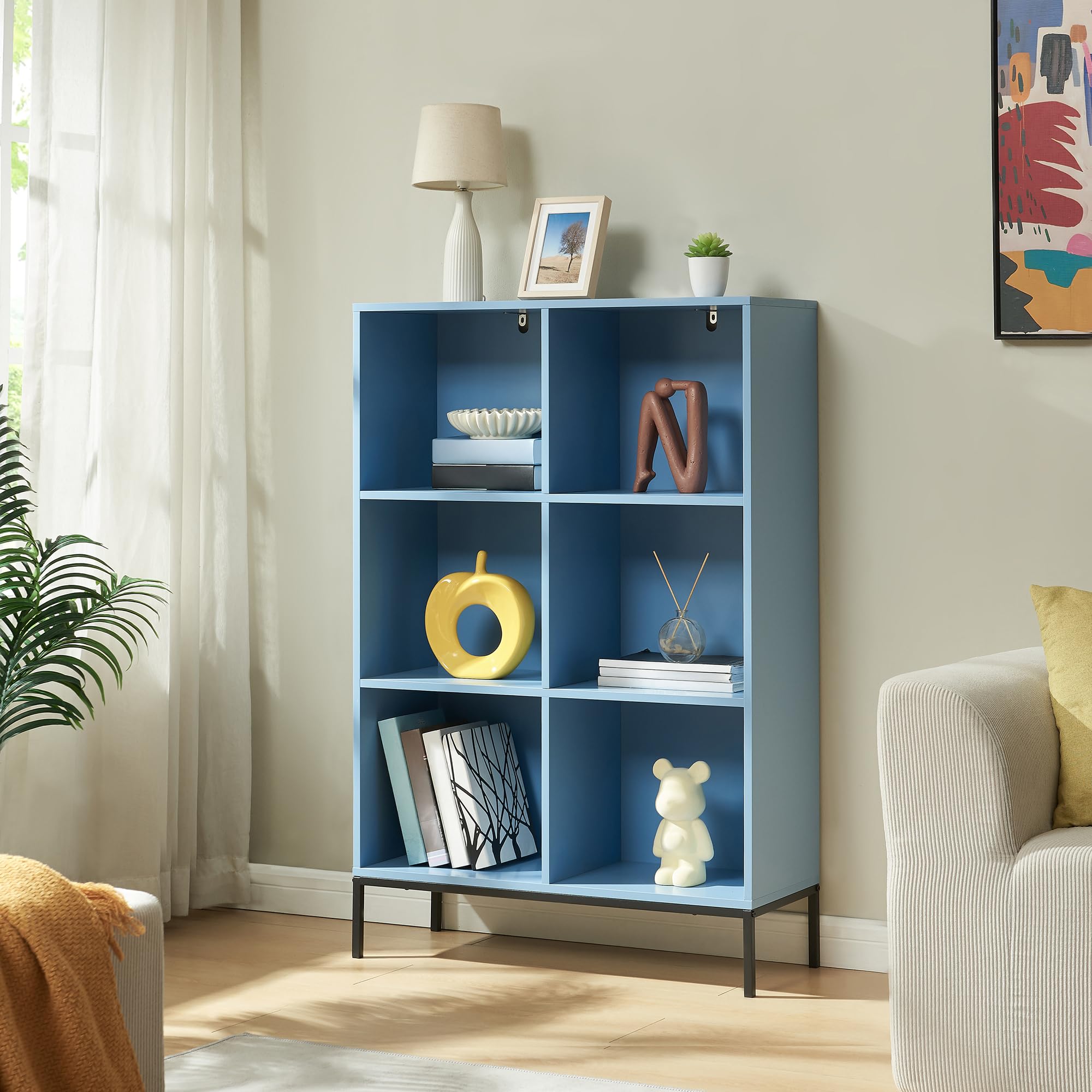 [en.casa] Libreria a 6 Ripiani Aperti Scaffale da Terra con Scomparti Vani Portaoggetti Libri Mobile Espositore per Soggiorno Cameretta Corridoio Ufficio 120 x 80 x 30 cm - Blu