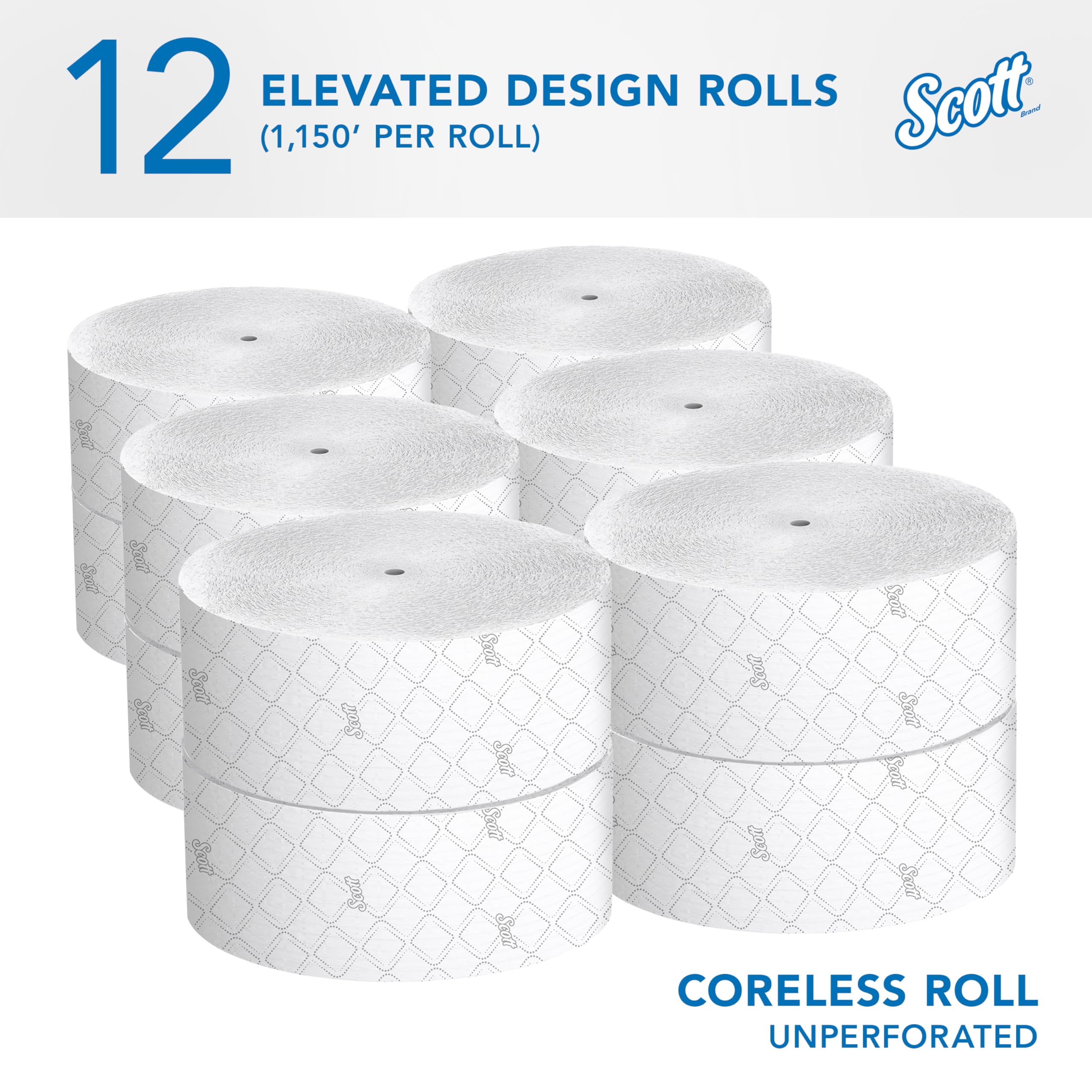 Scott - KCC07006 Essential Jumbo Roll JR. Papel higiénico sin núcleo (07006), 2 capas, blanco, 12 rollos/caja, 1,150 pies/rollo