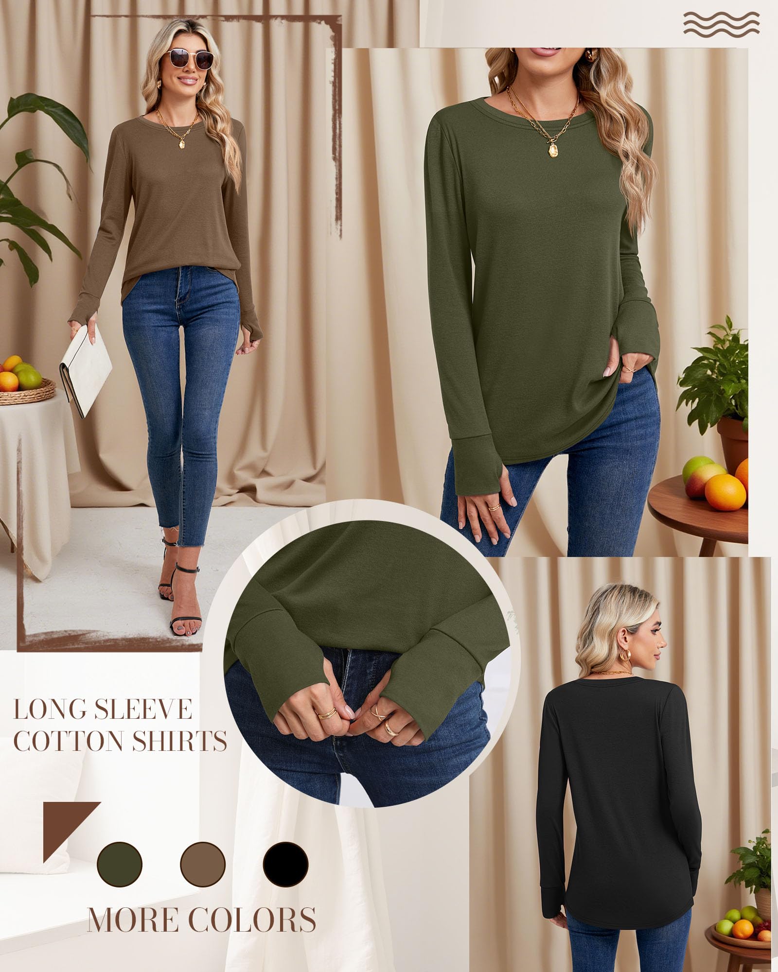 Geyoga Pack de 3 Camisetas de Manga Larga para Mujer con Agujeros para Pulgares, Túnicas Holgadas Informales de Algodón