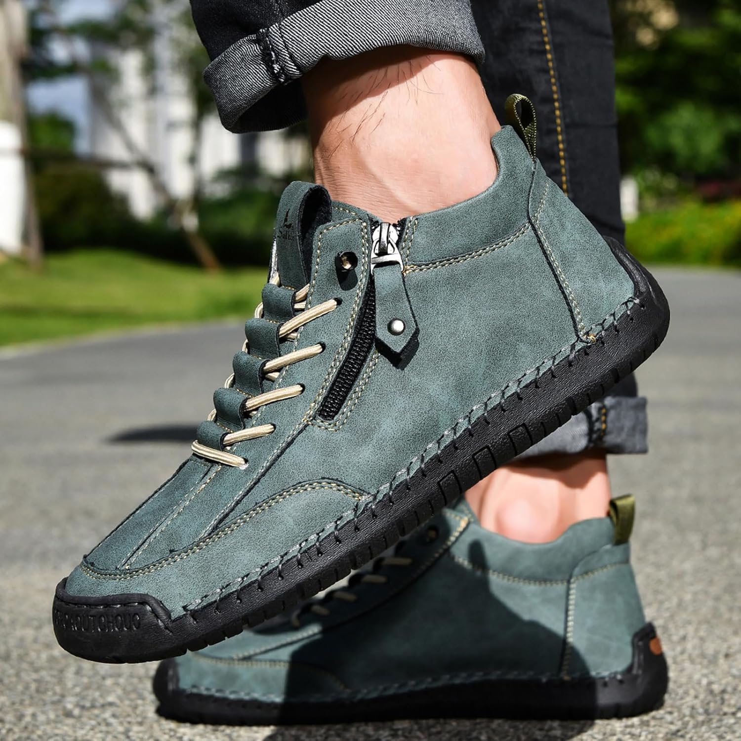 Mens Casual Leather Shoes Ankle Chukka Boots Handmade Side Zipper Mid top Slip On Loafers Fashion Lightweight Walking Driving High Boots - Image 8