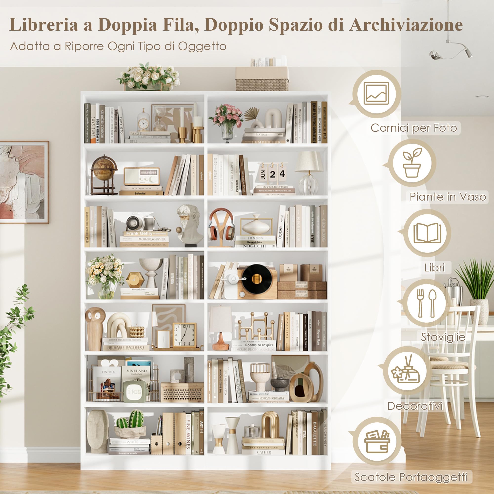 FirFurd 212 cm Libreria Verticale a 7 Ripiani, Libreria da Parete | Vetrina Espositiva a 14 Scomparti Aperti,Divisorio per Ambienti,per Soggiorno, Studio, Cucina, Ufficio,116x28.5x212 cm