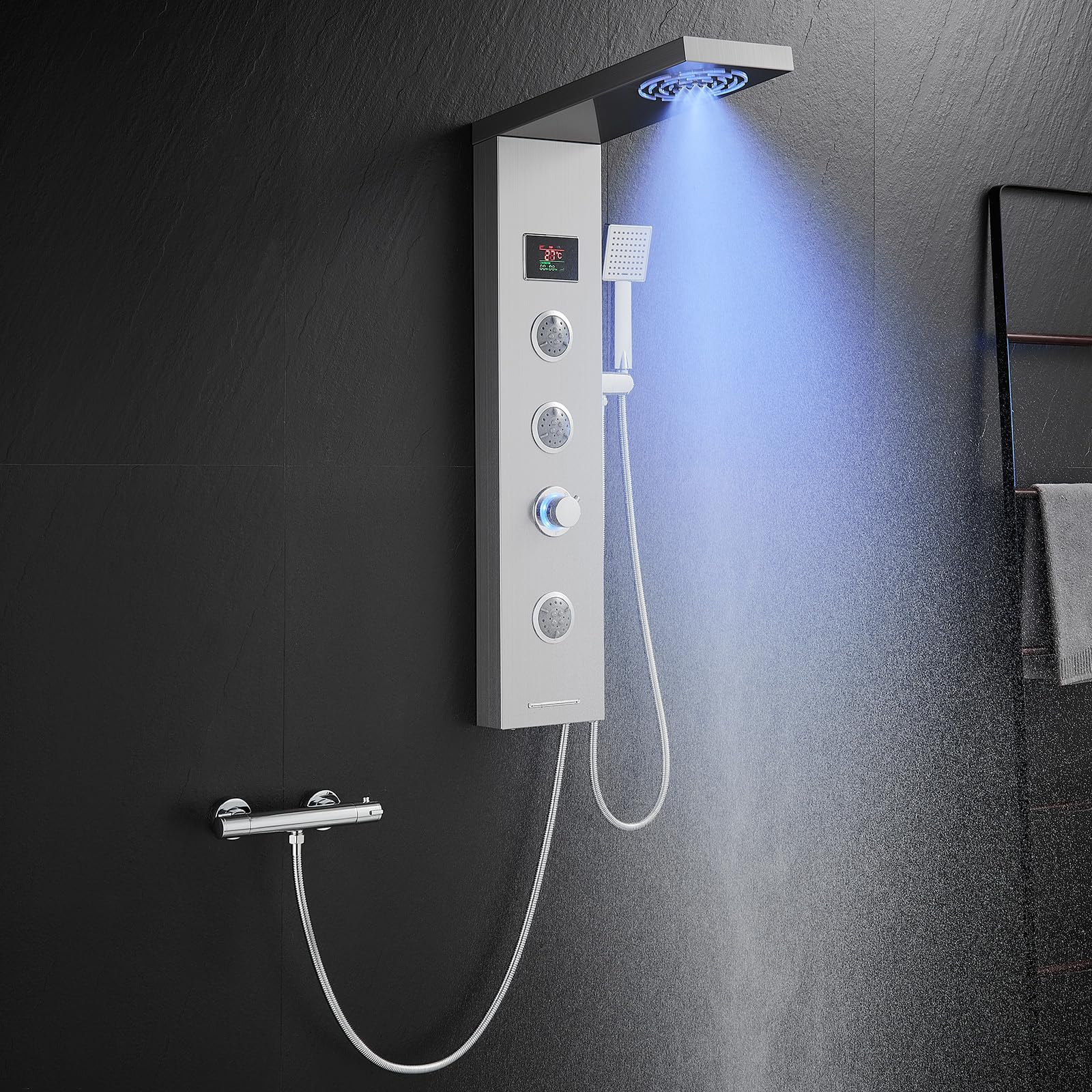 Sponsored Ad – Shower Tower Without Tap, 6-Mode Tower Shower Panel with LED Temperature Display Rain＆Mist, 2 Modes Body Massage Jets, Handset and Bath Spout, 304 Stainless Steel, Brushed