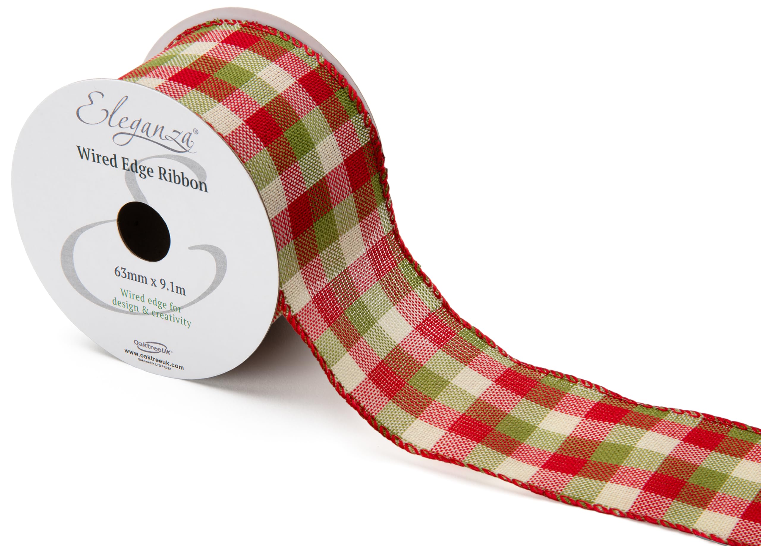 Eleganza Green/Red 663473 And Cheque Wi Edge Ribbon 63Mm X 9.1M
