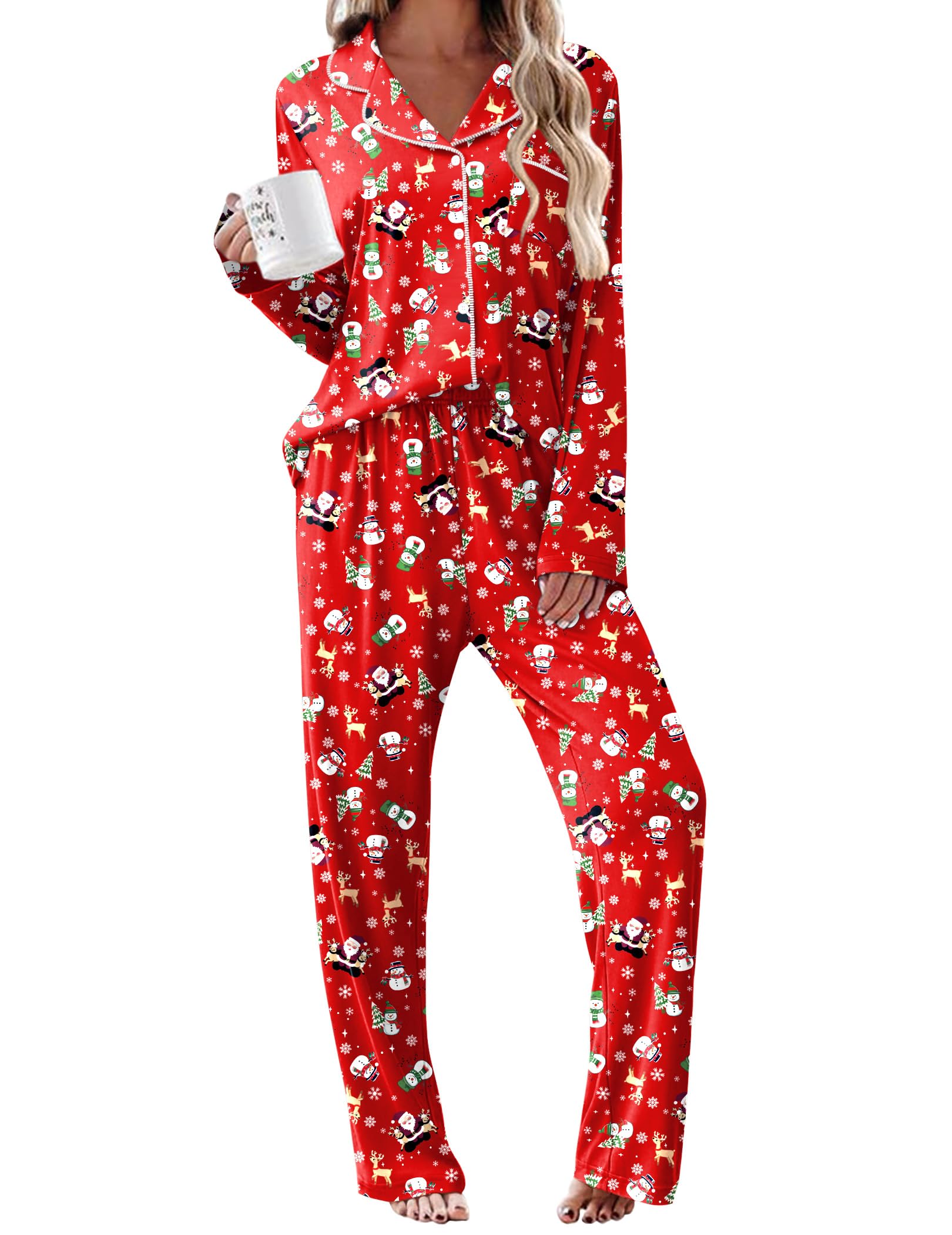 Ekouaer Womens Pajama Sets 2 Piece Long Sleeve Sleepwear Soft Button Up Pjs | Button Down Lounge Set,Notch Collar Sleep Sets,Classic Pajamas,Fall Loungewear,for Wedding,Party,Vacation