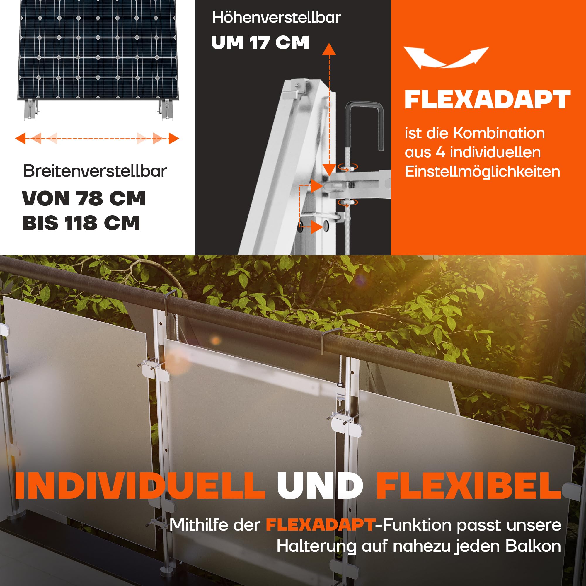 SolarFuture Balkonkraftwerk Halterung Balkon - Flexibel Anpassbar & Sturmsicher | Solarpanel Halterung Solarmodul Halterung Balkonkraftwerk Pv Halterung Photovoltaik Befestigung Balkon Flachdach Wand