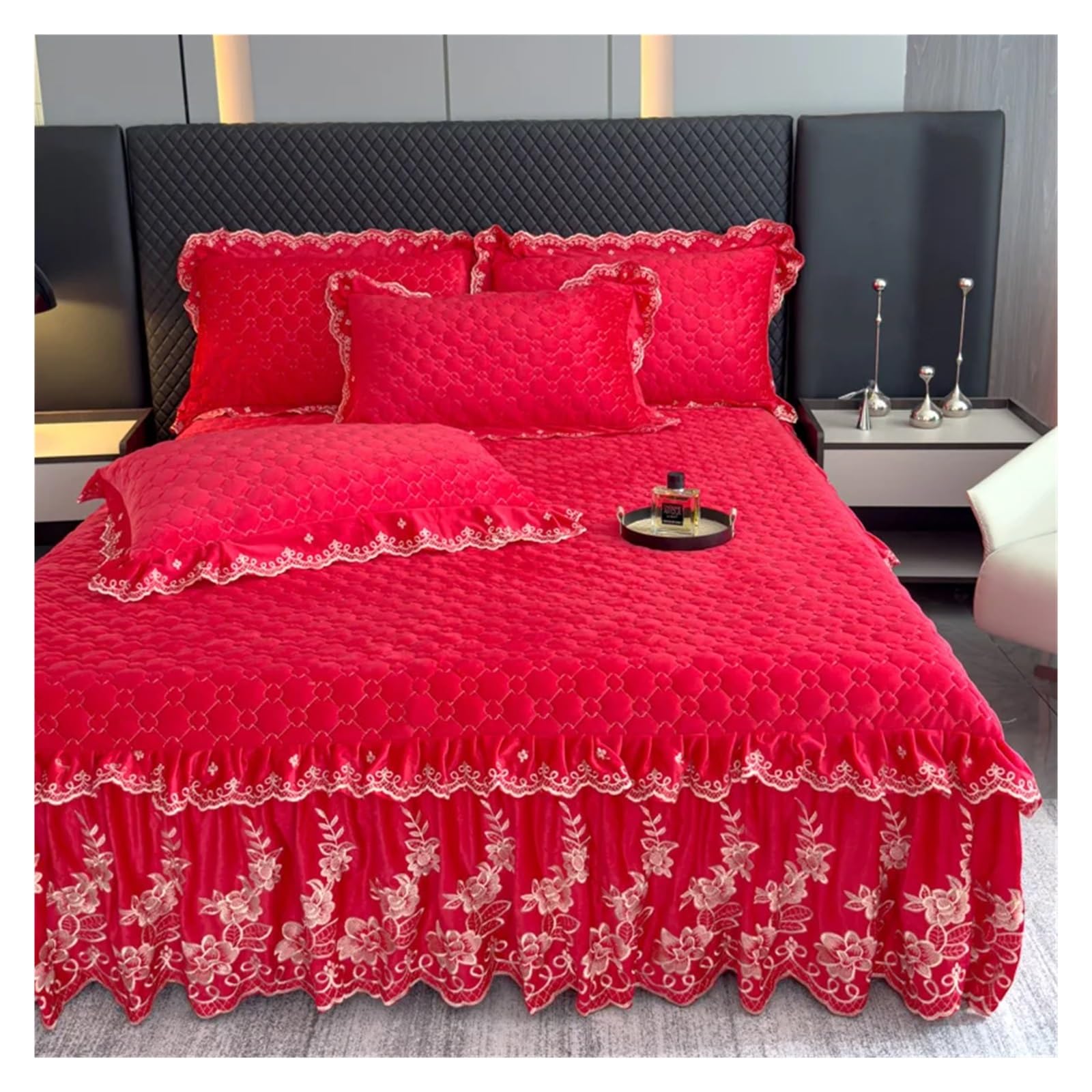 2/3Pcs Thickened Quilted Crystal Velvet Bed Skirt, Flowers Lace Embroidery Bedspread, Bed Sheet, Bed Cover, Pillowcases(Red,180X220cm 3pcs)