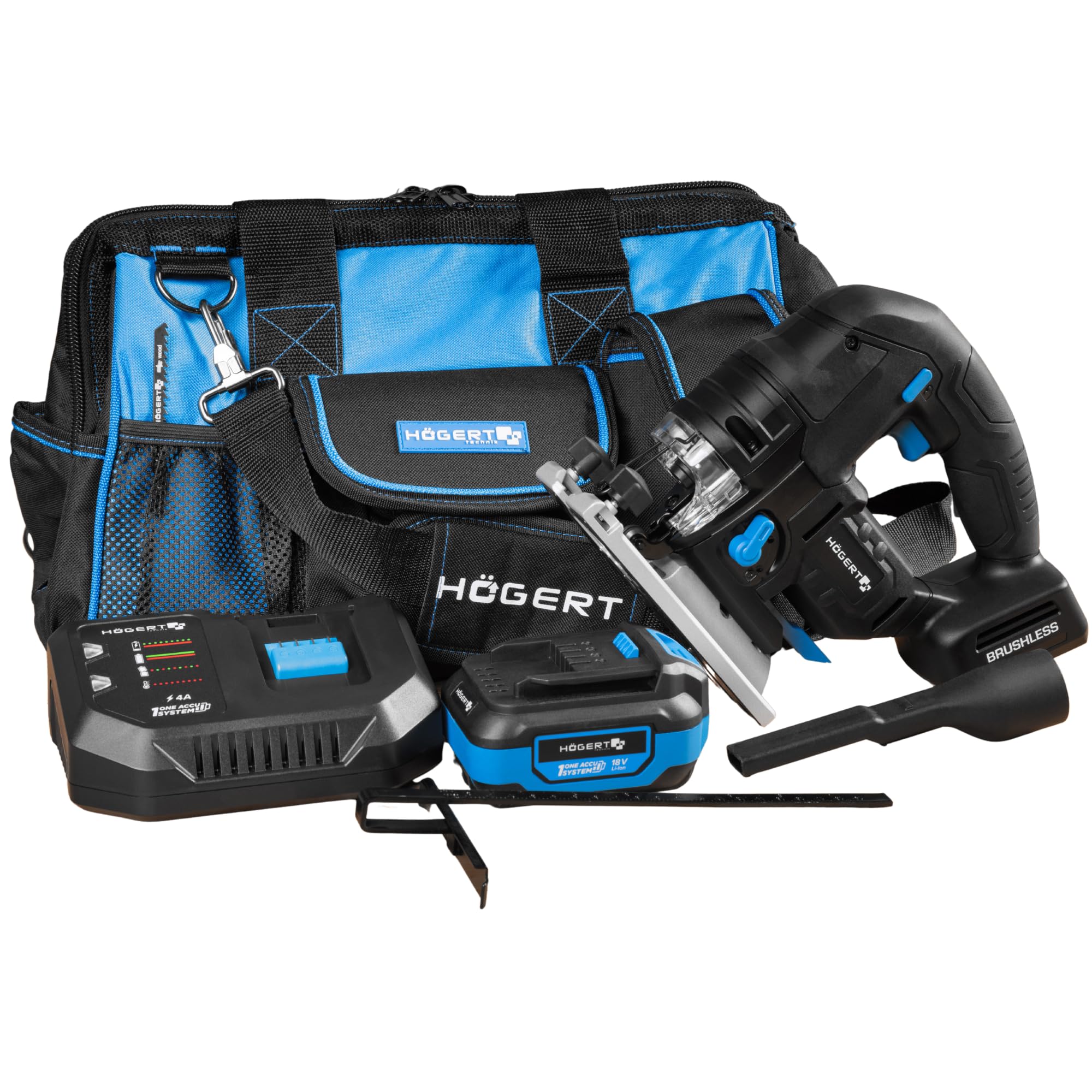 HÖGERT TECHNIK Set sierra de calar pendular a batería 18V brushless, con batería 4,0 Ah, cargador rápido 4A y bolsa de herramientas, 0-2600 RPM, carrera 26 mm, 4 niveles de oscilación, LED