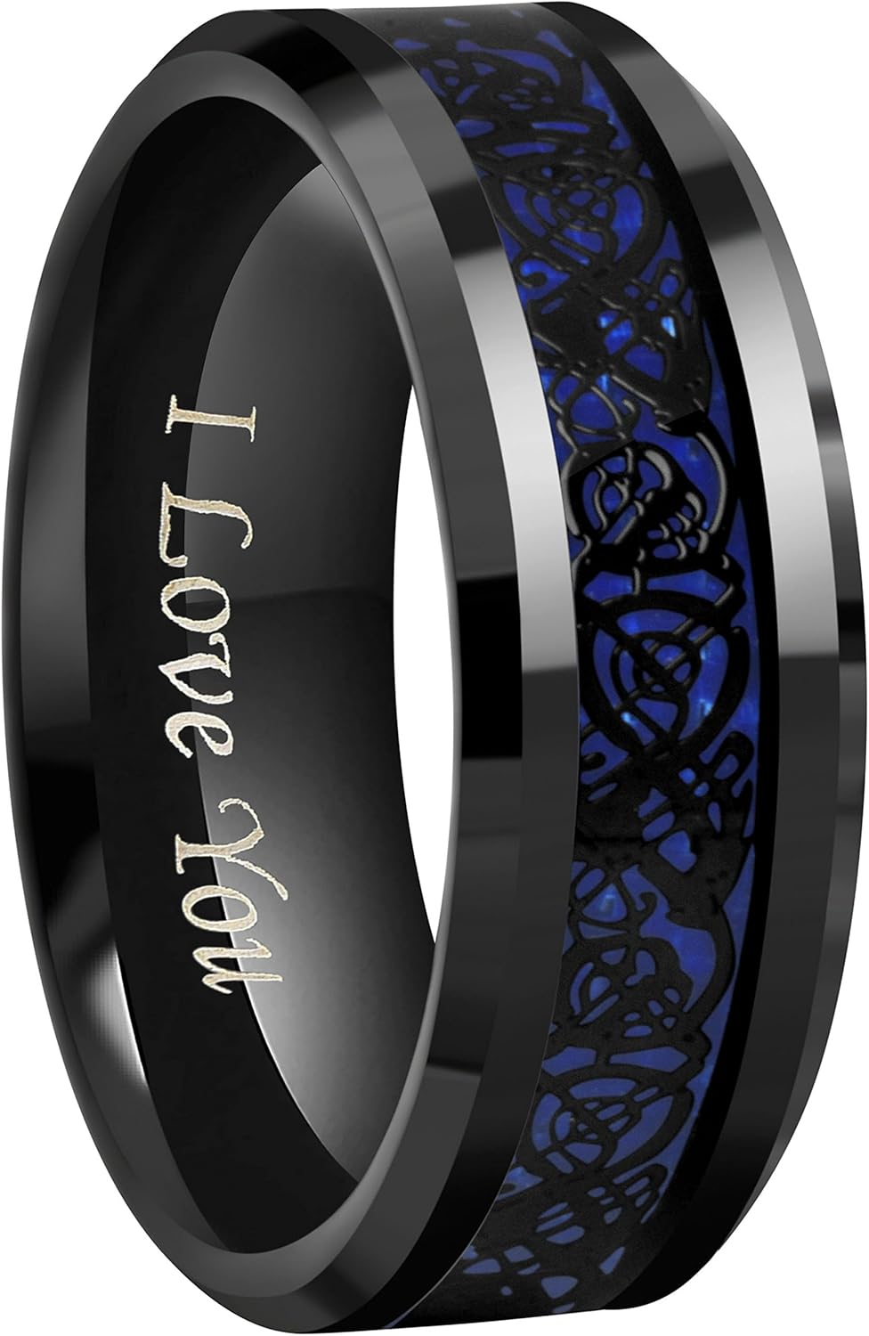 CROWNAL 6mm 8mm Blue Carbon Fiber Black Celtic Dragon Tungsten Carbide Wedding Band Ring Engraved I Love You Size 4 To 16