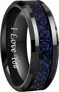 6mm 8mm Blue Carbon Fiber Black Celtic Dragon Tungsten Carbide Wedding Band Ring Engraved I Love You Size 4 To 16