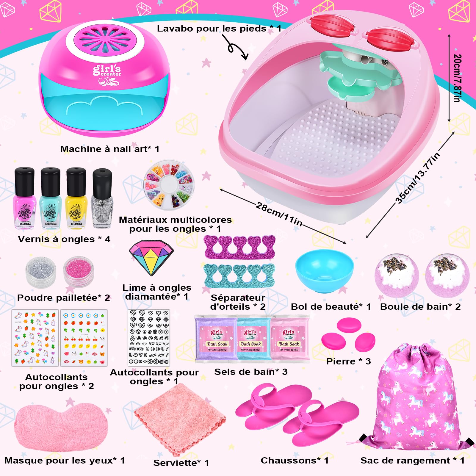 JONRRYIN Salon de manucure pour enfants et filles, kit de salon de manucure pour enfants et pieds, bain de pieds avec hydromassage, cadeaux pour filles, kit de vernis à ongles, art des ongles pour