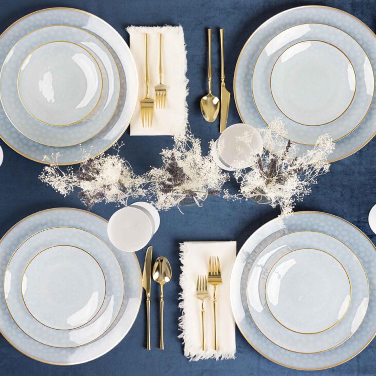 EcoQuality 9" inch Round Hammered Translucent White Plastic Dinner Plates with Gold Rim - China Like Party Plates, Heavy Duty Large Disposable Charger Salad Plate Weddings, Serveware (10 PACK)