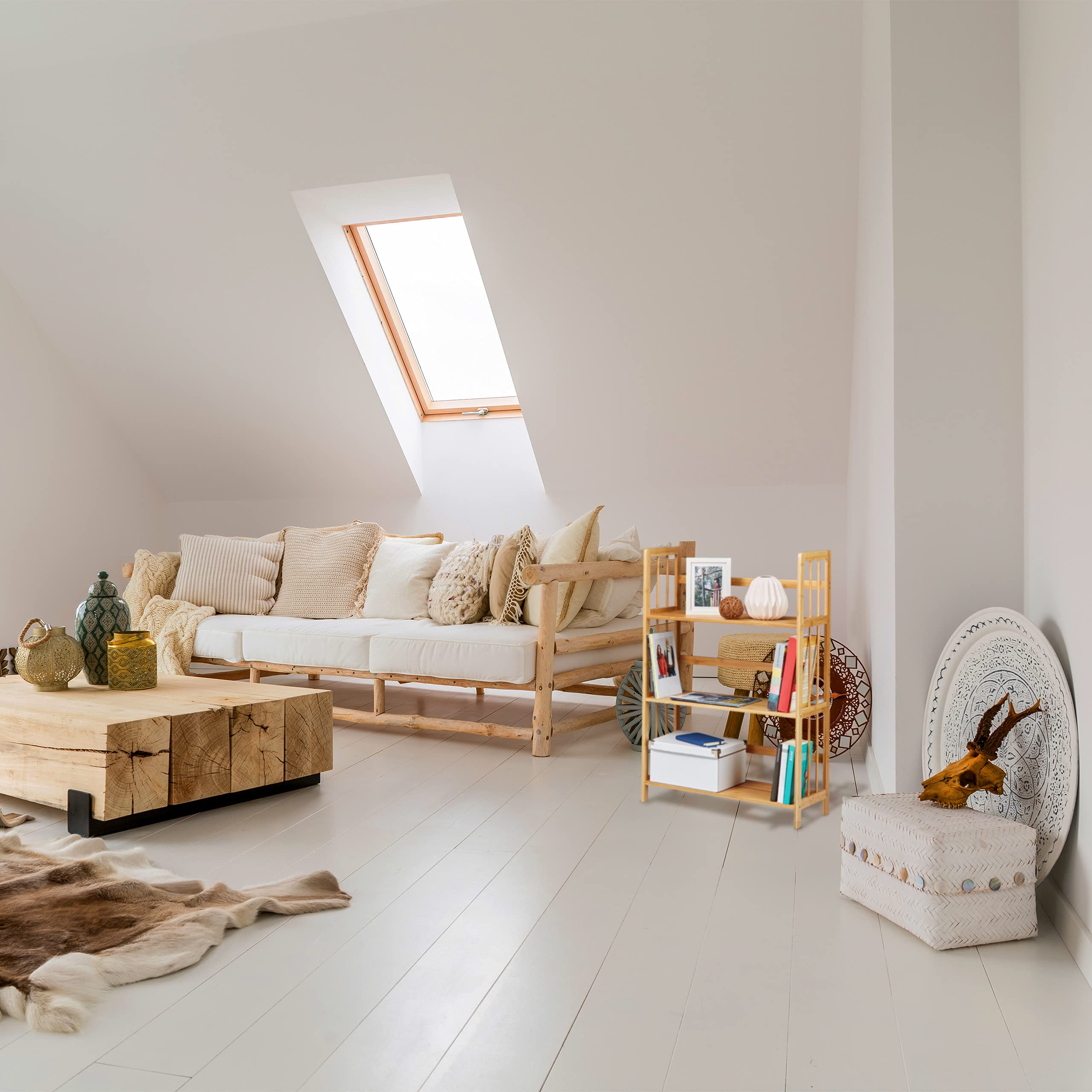 Relaxdays Libreria in bambù, Legno, 3 Mensole, H x L x P: 88 x 55 x 26 cm, Scaffale Bagno, Scarpiera da Terra, Naturale