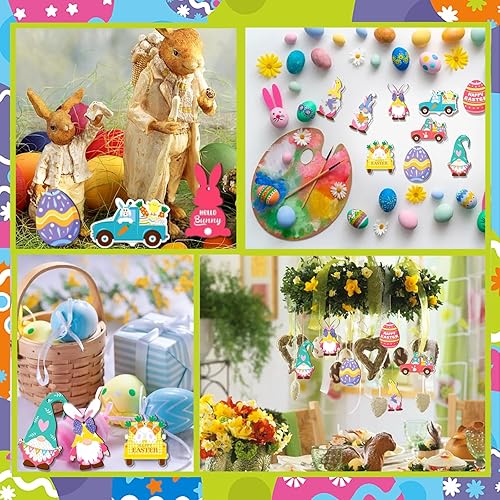 Miniatura 5 de 24 adornos de Pascua para árbol, decoración de Pascua, huevo, conejo, zanahoria, cesta de fiesta, decoración colgante de madera de primavera con