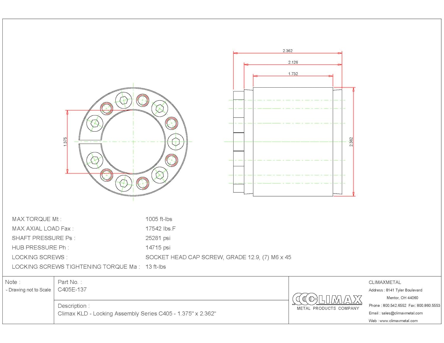 C405E-137 Series 405 Locking Assembly, Steel, 1.38" ID, 2.01" Width, 1-3/8" Shaft Diameter