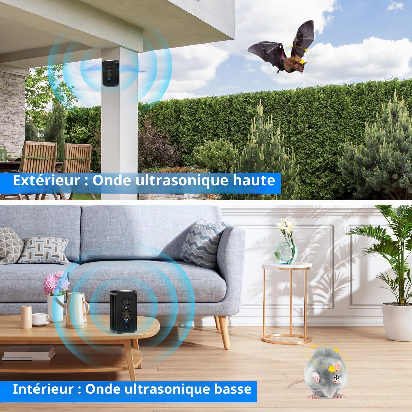 Lot de 2 répulsifs à ultrasons pour grenier, fonctionne avec des piles pour intérieur et extérieur, dispositif dissuasif réglable pour garder les chauves-souris à distance, respectueux des humains et