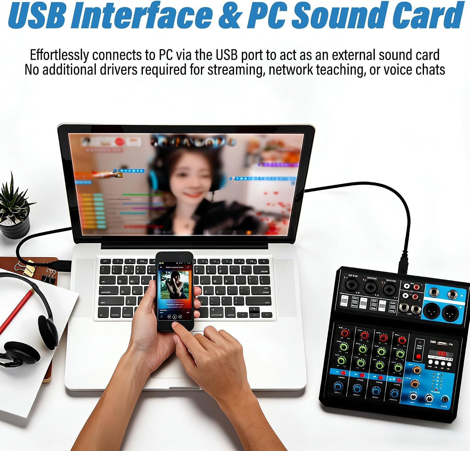 5 Channel Professional Audio Mixer, Bluetooth Stereo DJ Mixer, 48V Phantom Power Sound Board, USB Audio Interface for PC Live Streaming Music Recording Karaoke Podcast, Reverb Delay Effect
