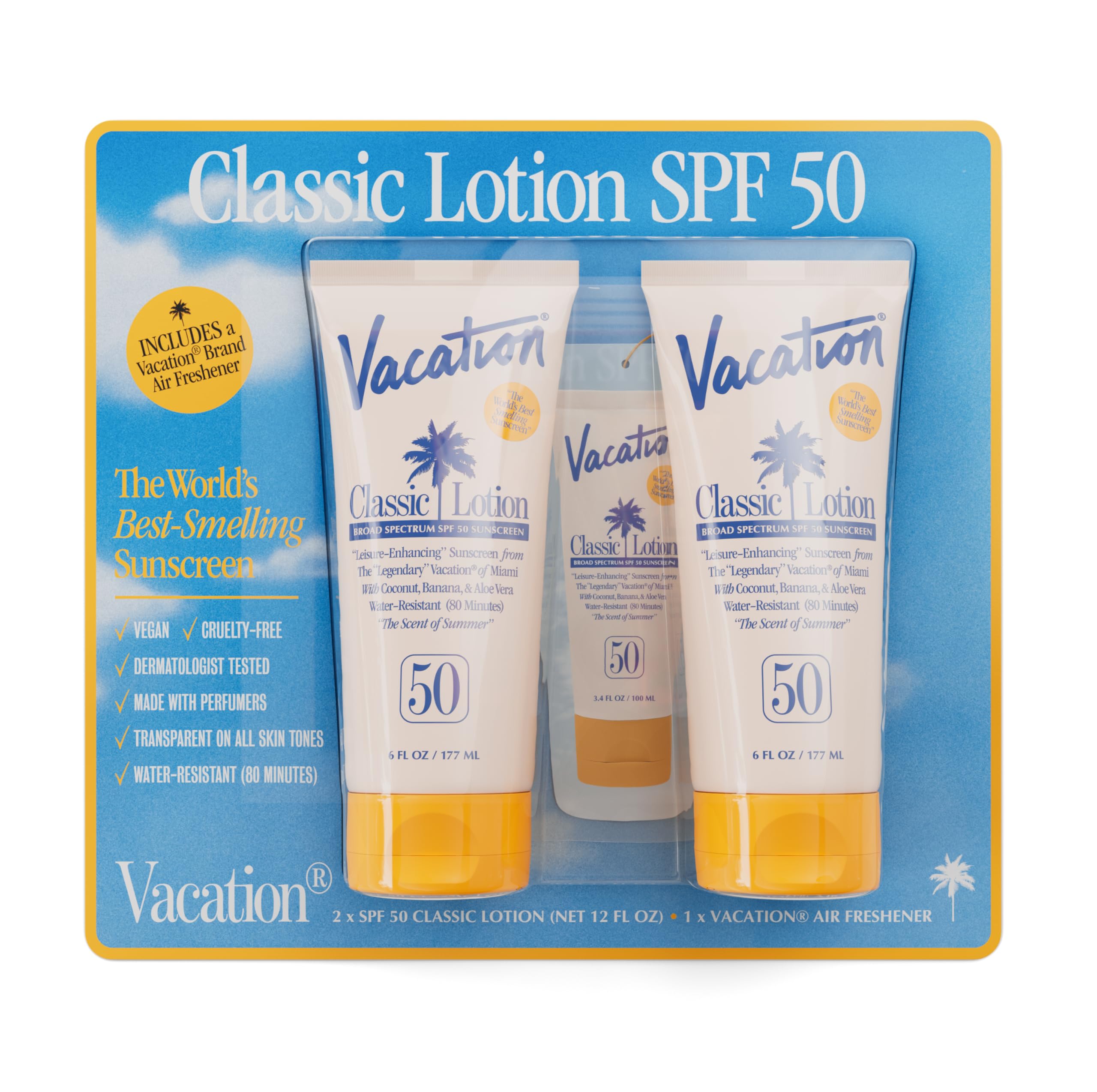 Vacation Classic SPF 50 Sunscreen Lotion and Air Freshener Bundle, 6 Fluid Ounces, Pack of 2 - Invisible, No White Cast, Water-Resistant, Dermatologist-Tested, Vegan