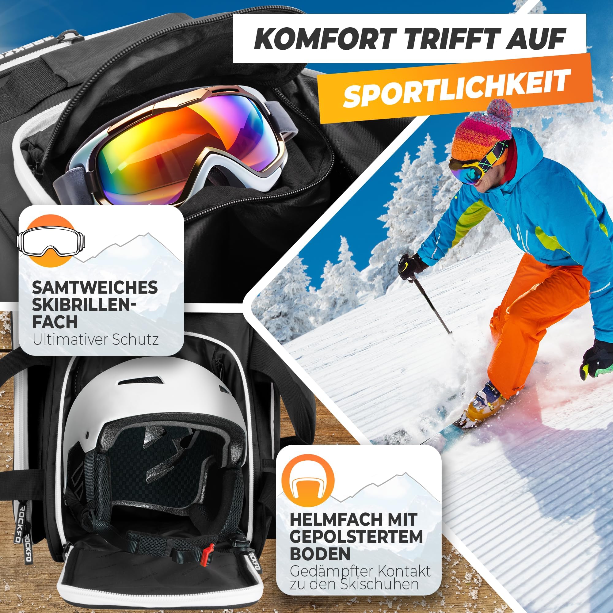 Skischuhtasche mit Helmfach, Robuste Tasche für Skischuhe, Wasserabweisende Skistiefeltasche mit Helmfach, Praktischer 7 Zonen Ski Rucksack für Ski Schuhe Helm Skibrille, 49L