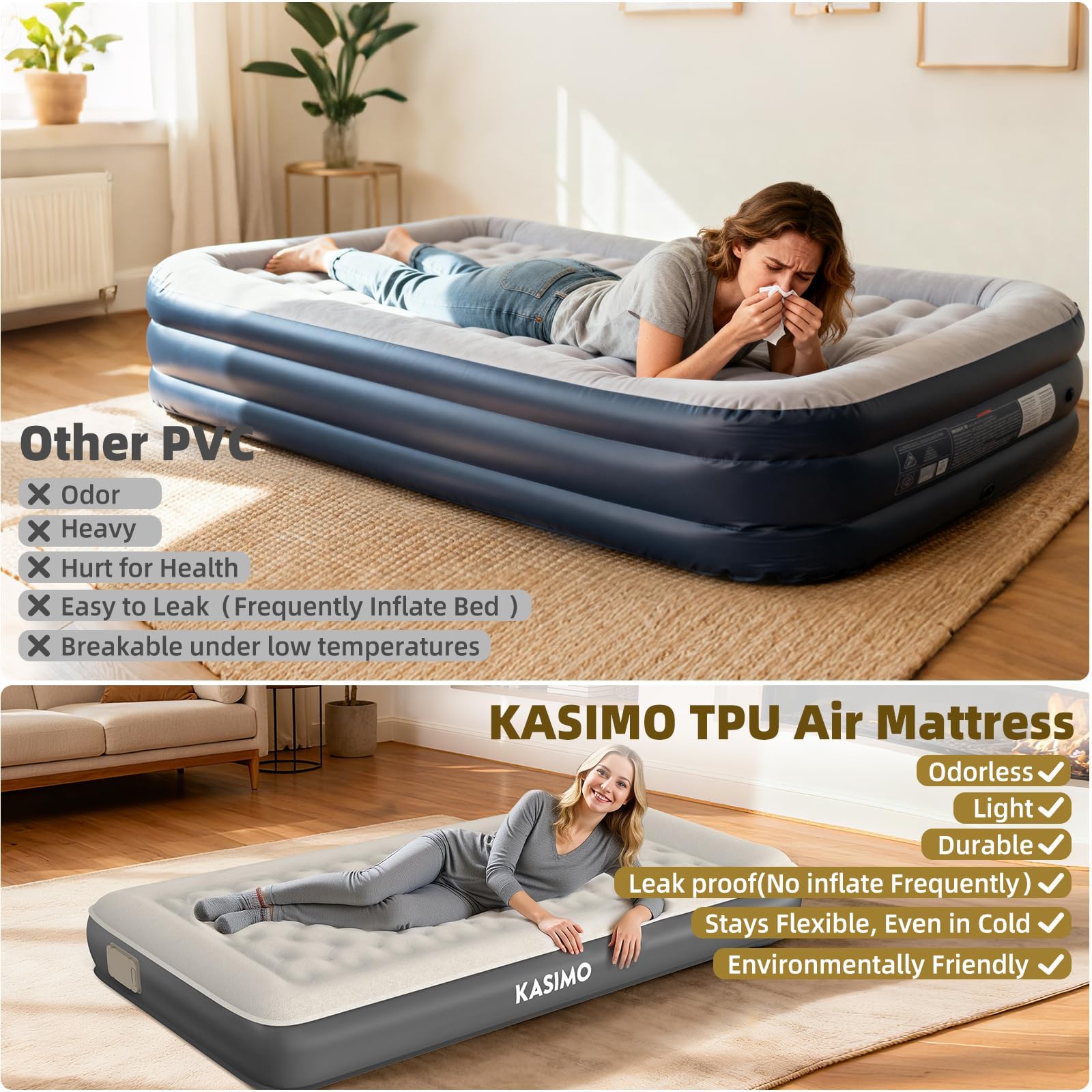 KASIMO Colchón de aire con bomba integrada, inflable TPU con almohada, para camping viajes casa de invitados individual