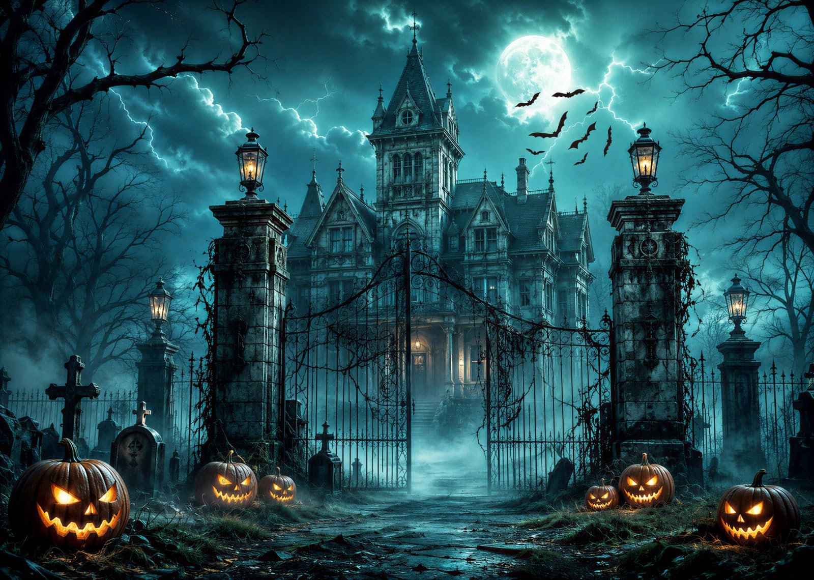 BELECO 3.6x3m Tessuto Sfondo Villa Gotica Infestata Cimitero | Casa Infestata Halloween Zucca Lapide Luna Piena Pipistrello Temporale Sfondo Festa Orrore Telo Di Sfondo