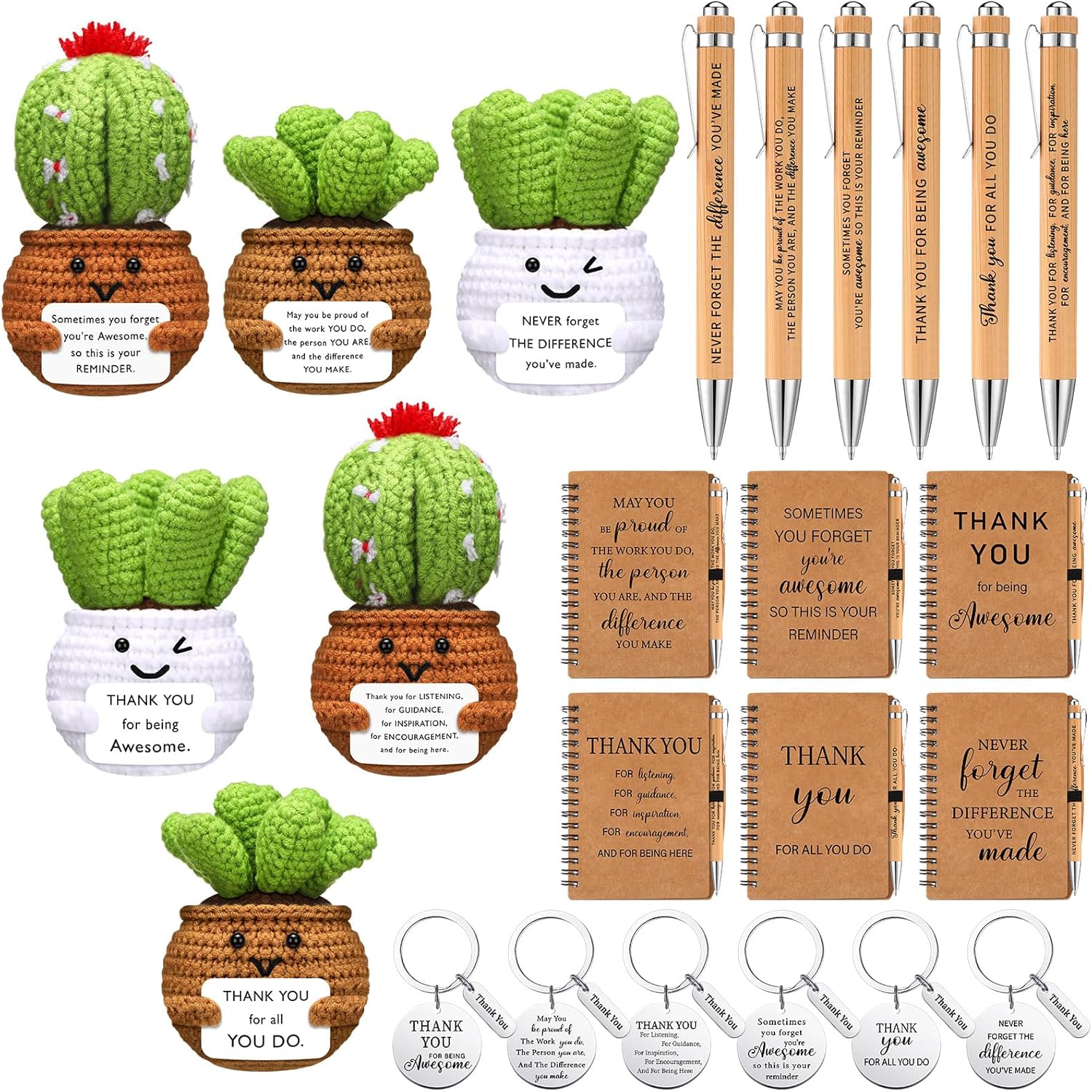 Wavwavw 6 Set Employee Appreciation Gifts Bulk, Gifts for Coworkers, Doll Crochet with Card Inspirational Journals with Retractable Bamboo Pens Thank You Keychains for Staff