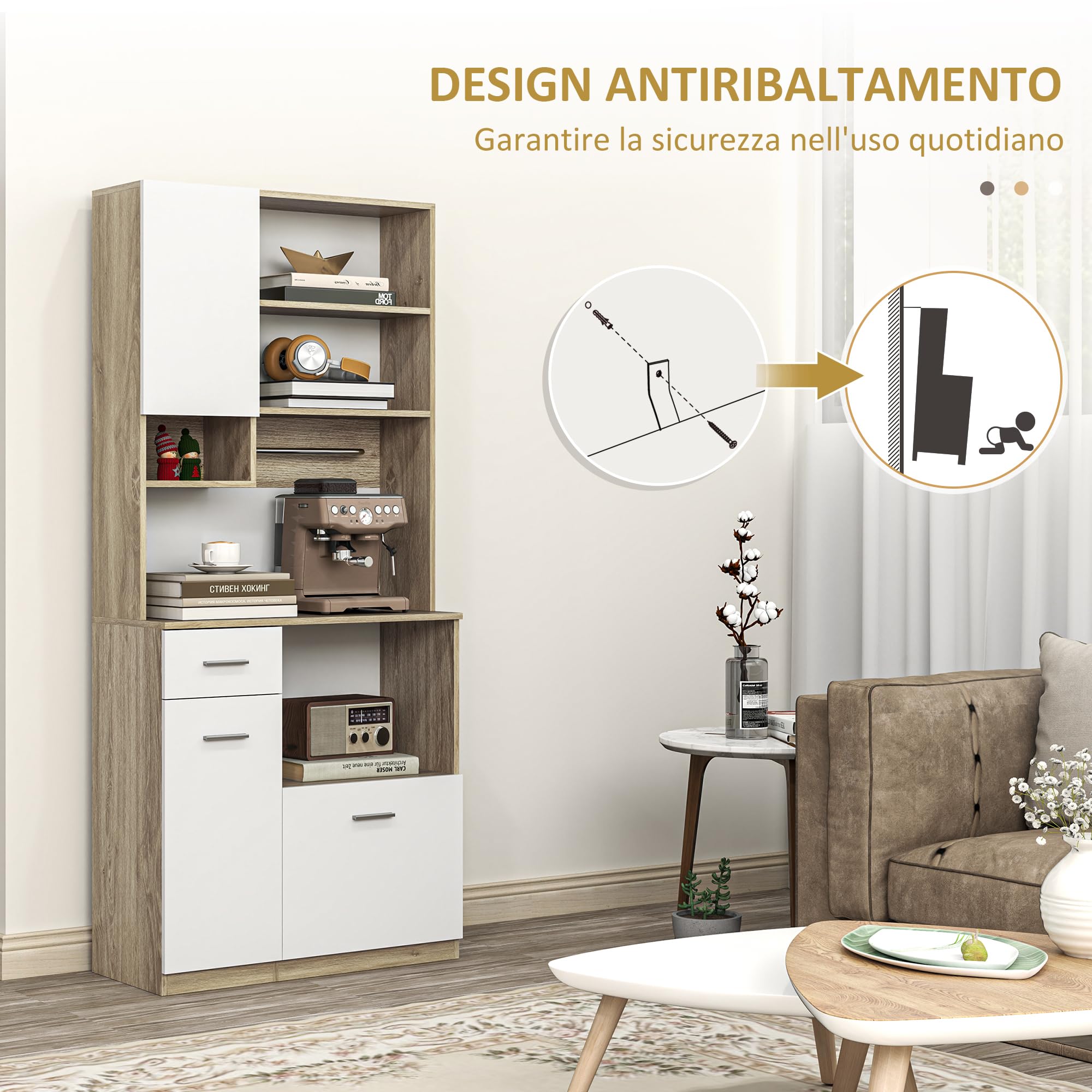 HOMCOM Credenza Cucina Alta con Cassetto, 3 Armadietti e 4 Scomparti Aperti, Mobile Dispensa con Ripiano Regolabile in Truciolato, per Soggiorno e Cucina, 80x35x180 cm, Bianco e Rovere