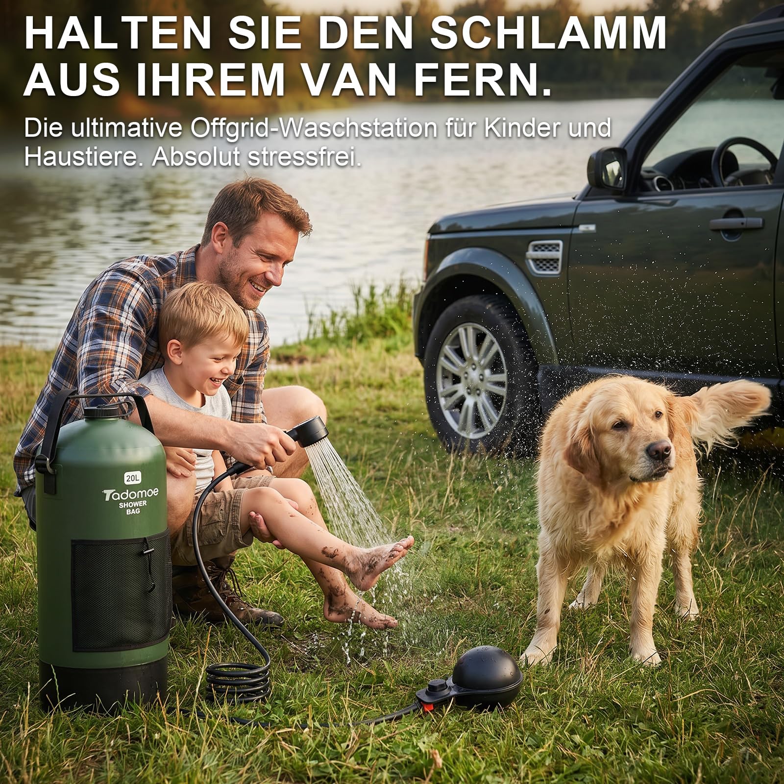 20 Liter Camping Dusche mit Fußluftpumpe, Solardusche mit Camping-Tasche Und Düse für Camping Strand Wandern Reise