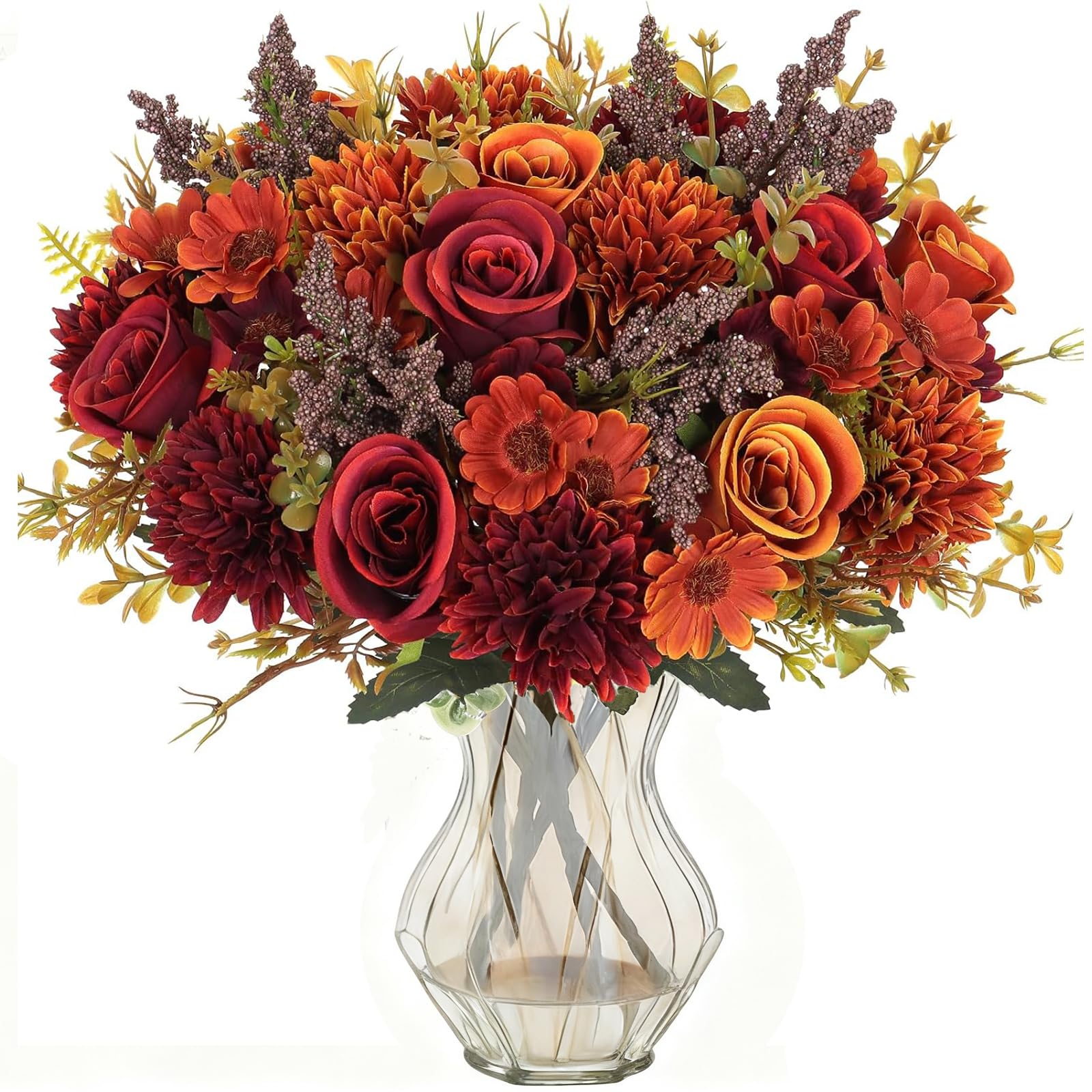 YELYAN 2 Bunches Artificial Roses Silk Flowers Red Orange Artificial Flowers Faux Hydrangea Roses Flower Bouquet for Home Wedding Party Decoration Arrangement(red+orange)