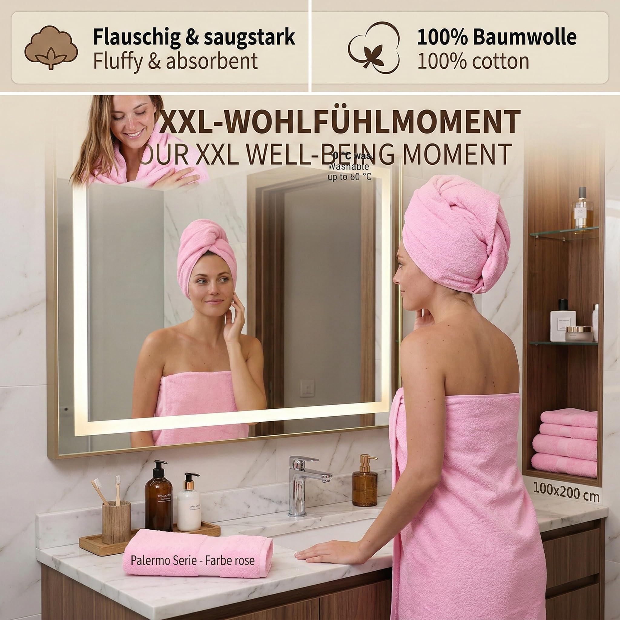 Betz Drap de Bain XXL 100 x 200 cm 100% Coton – Serviette de Sauna et de Plage en Tissu éponge Doux – Facile d'entretien et très absorbante – Série Palermo - Couleur rosé