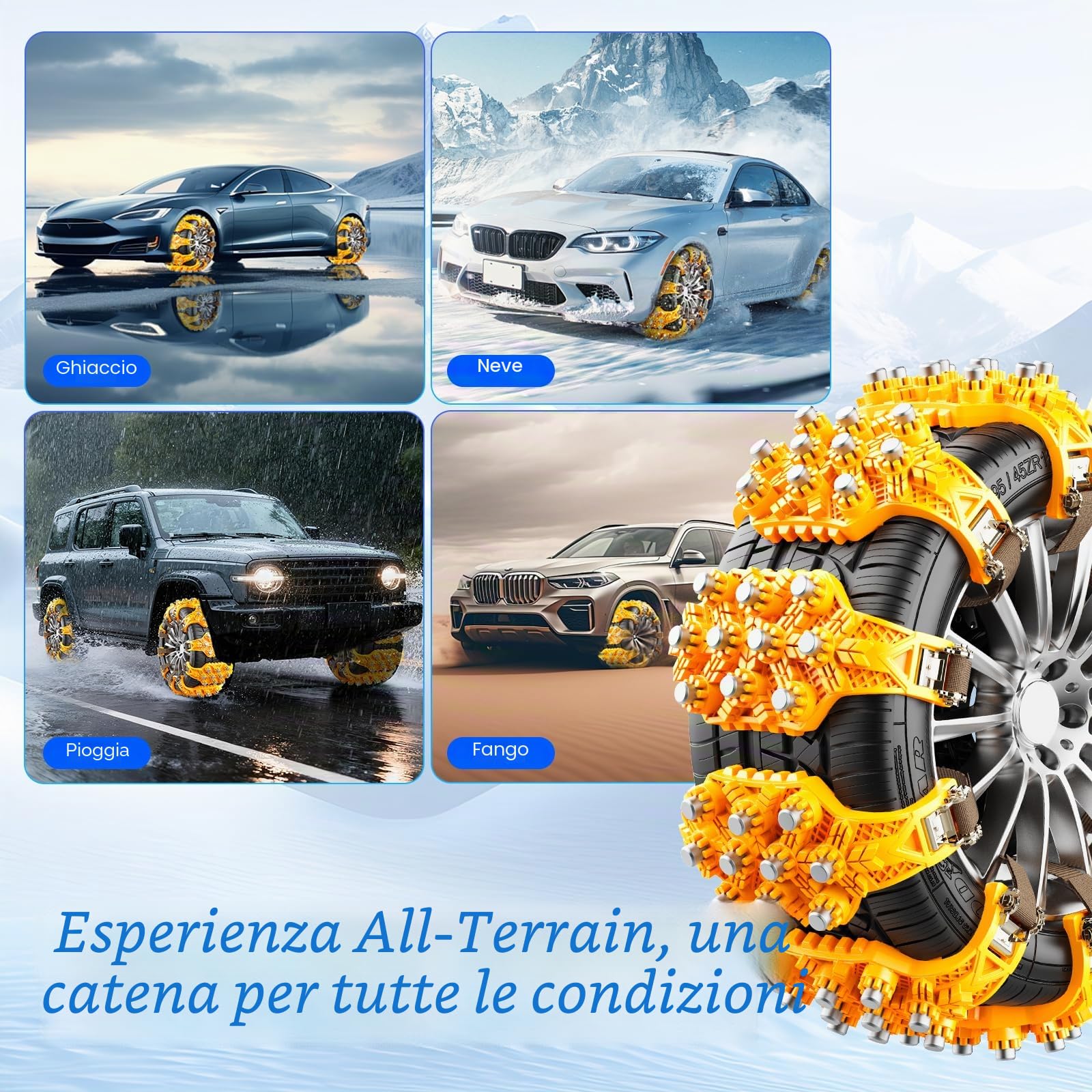 Catene da neve Oziral per pneumatici 165-255 - 8 pezzi catene antiscivolo regolabili con sgancio rapido - Include guanti e pala - per auto, furgoni, SUV su strade innevate