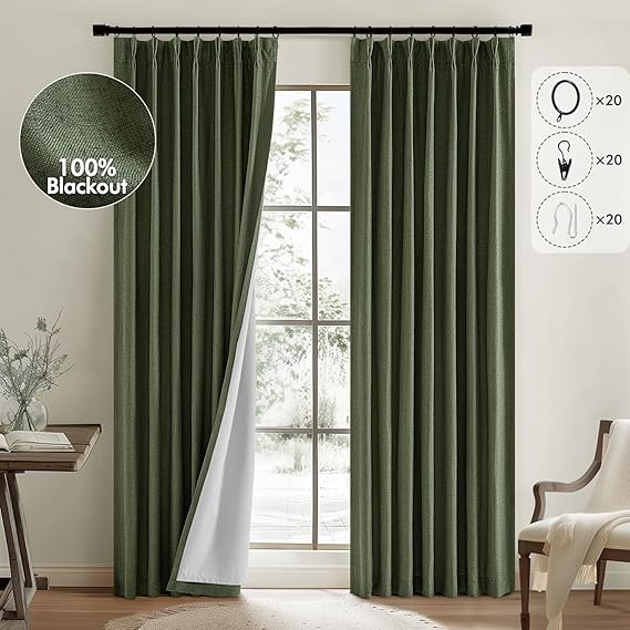 MIULEE Olive Green Pinch Pleated 100 Blackout Linen