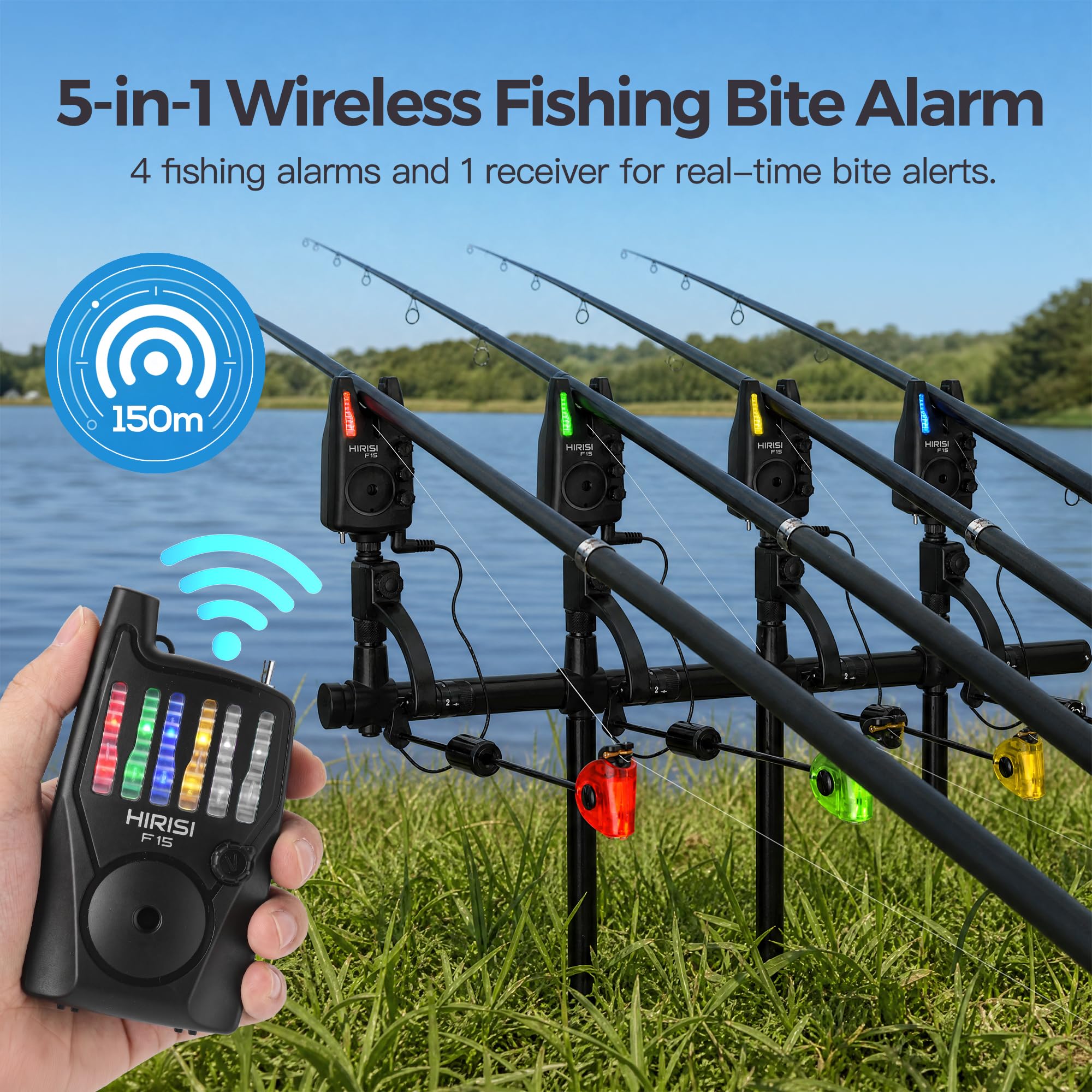 Hirisi Tackle Karpfenangeln Bissanzeiger Set mit Fernbedienung (Funkempfänger), 6 Farben einstellbar, Nachtlicht, Einstellbarer Empfindlichkeit, Lautstärke und Ton, – Bissanzeiger Angeln