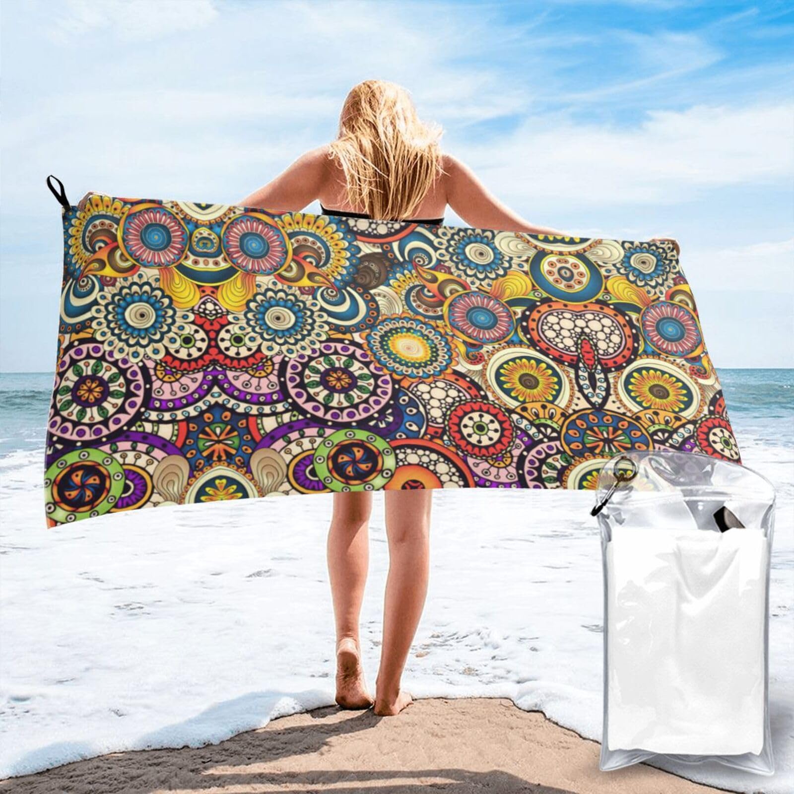 SDEGTHO Ethnic Circles Floral Pattern Print Beach Towel Quick Dry Portable For Swimming Yoga Adults Fitness