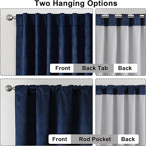 Miniatura 3 de OWENIE Zora - Cortinas opacas azul marino para dormitorio de 63 pulgadas de largo, 2 paneles, patrón geométrico jacquard texturizado enrejado,