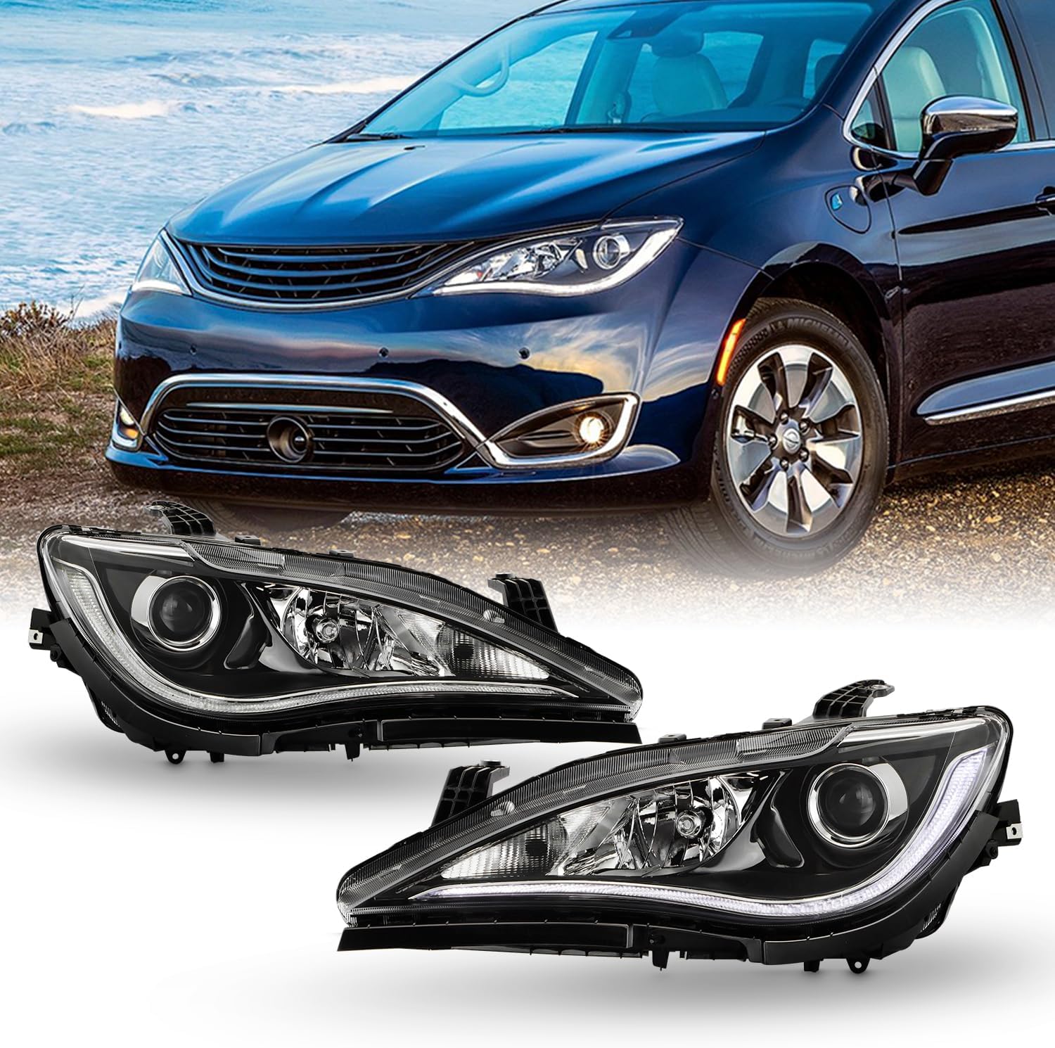 AKKON - Fit 2017 2018 2019 2020 Chrysler Pacifica 17-20 Halogen Type w/Low Quad Lamp Chrome Trim Headlight Headlamp OE Style Driver - Passenger Assembly