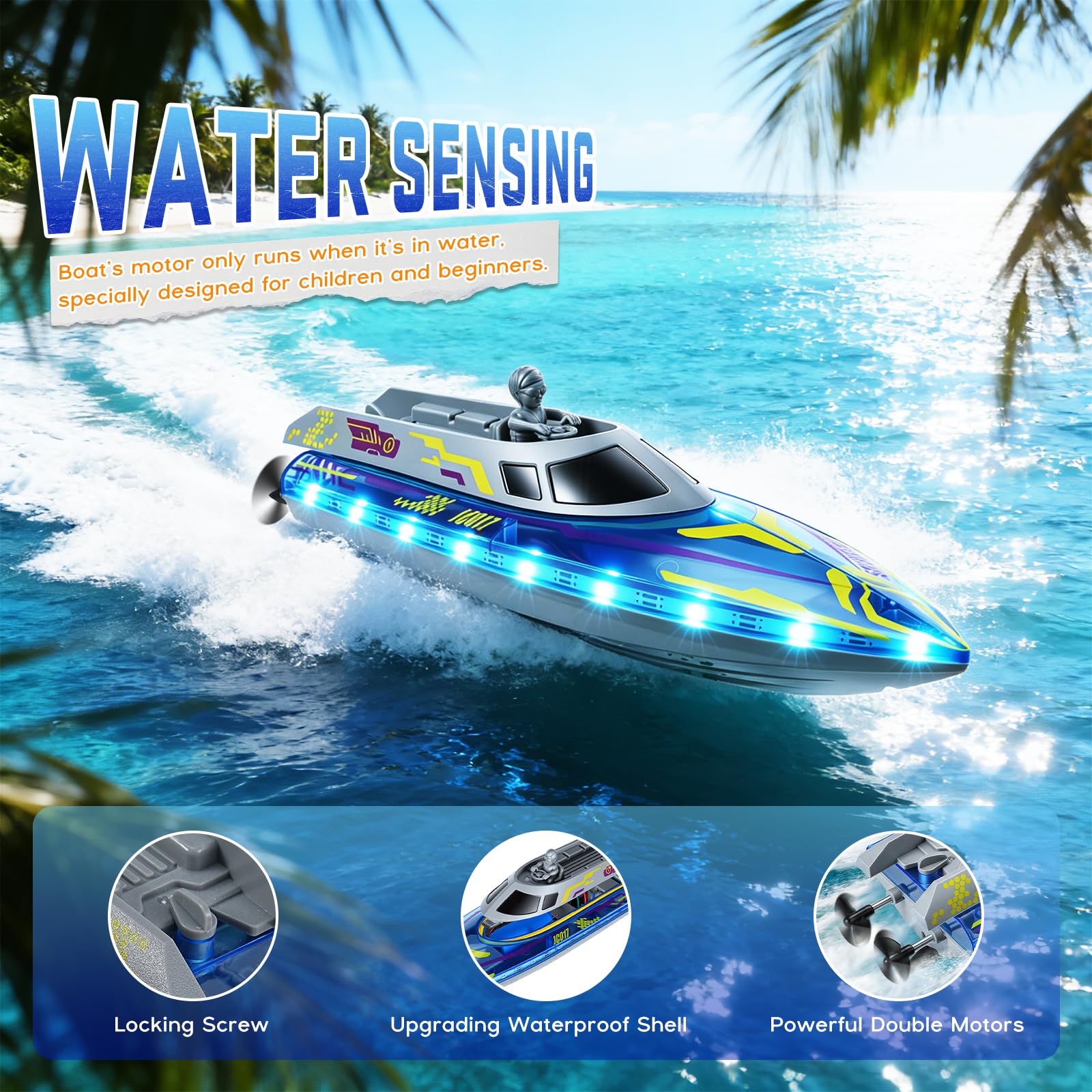 Bateau Télécommandé, 25+ KM/H, 40+ Mins, RC Racing Bateau Telecommandé Enfant avec Lumières LED, 2 Batteries, Mini Bateau RC Haute Vitesse 2,4 GHz Jouet Aquatique pour Lac/Piscine/étang