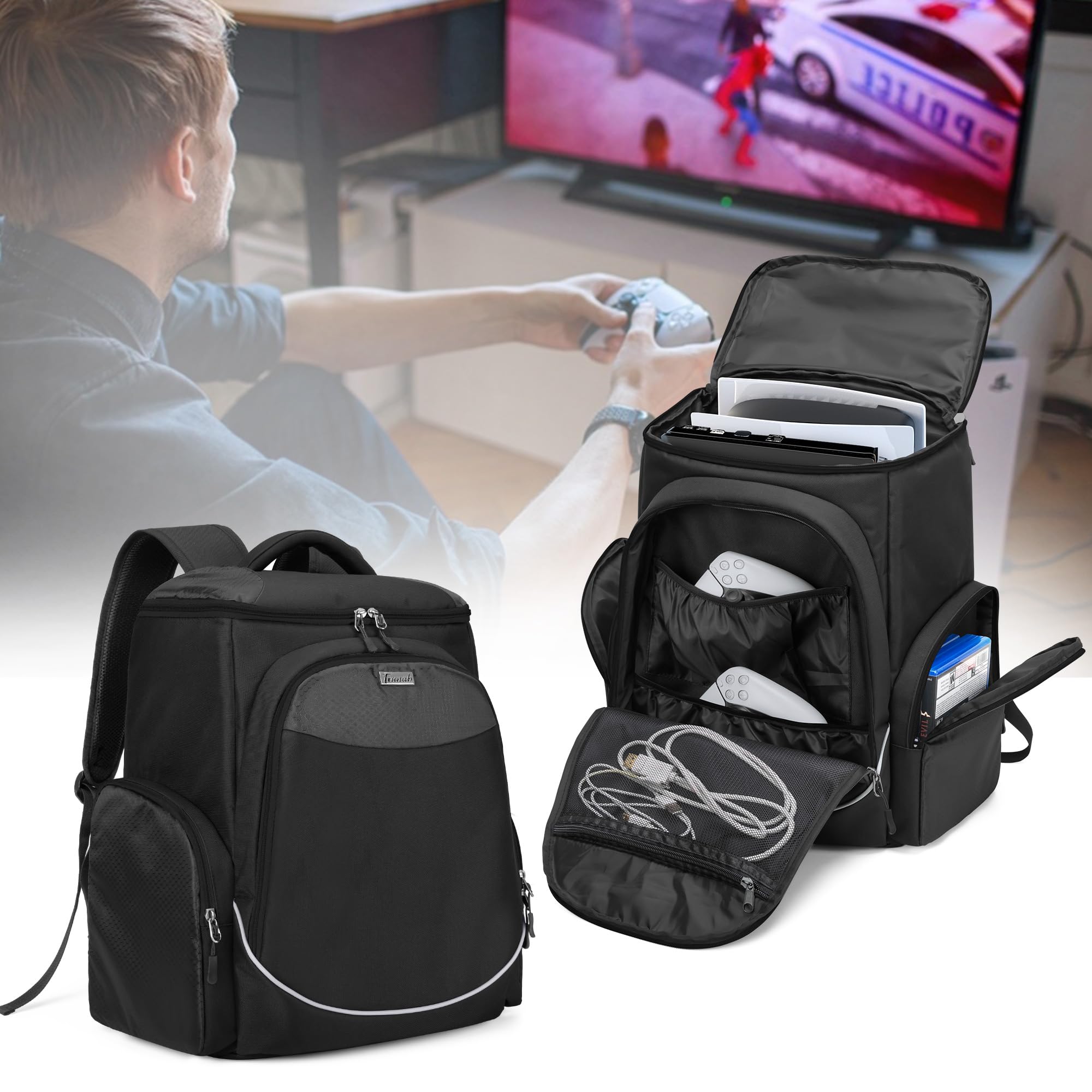 Trunab Rucksack für Videospiele, Aufbewahrung, kompatibel mit PS5/PS4/PS4 Pro/PS4 Slim/Xbox One/Xbox One X/Xbox One S, Reisetasche mit Taschen für Laptop 15,6 Zoll und Spielzubehör
