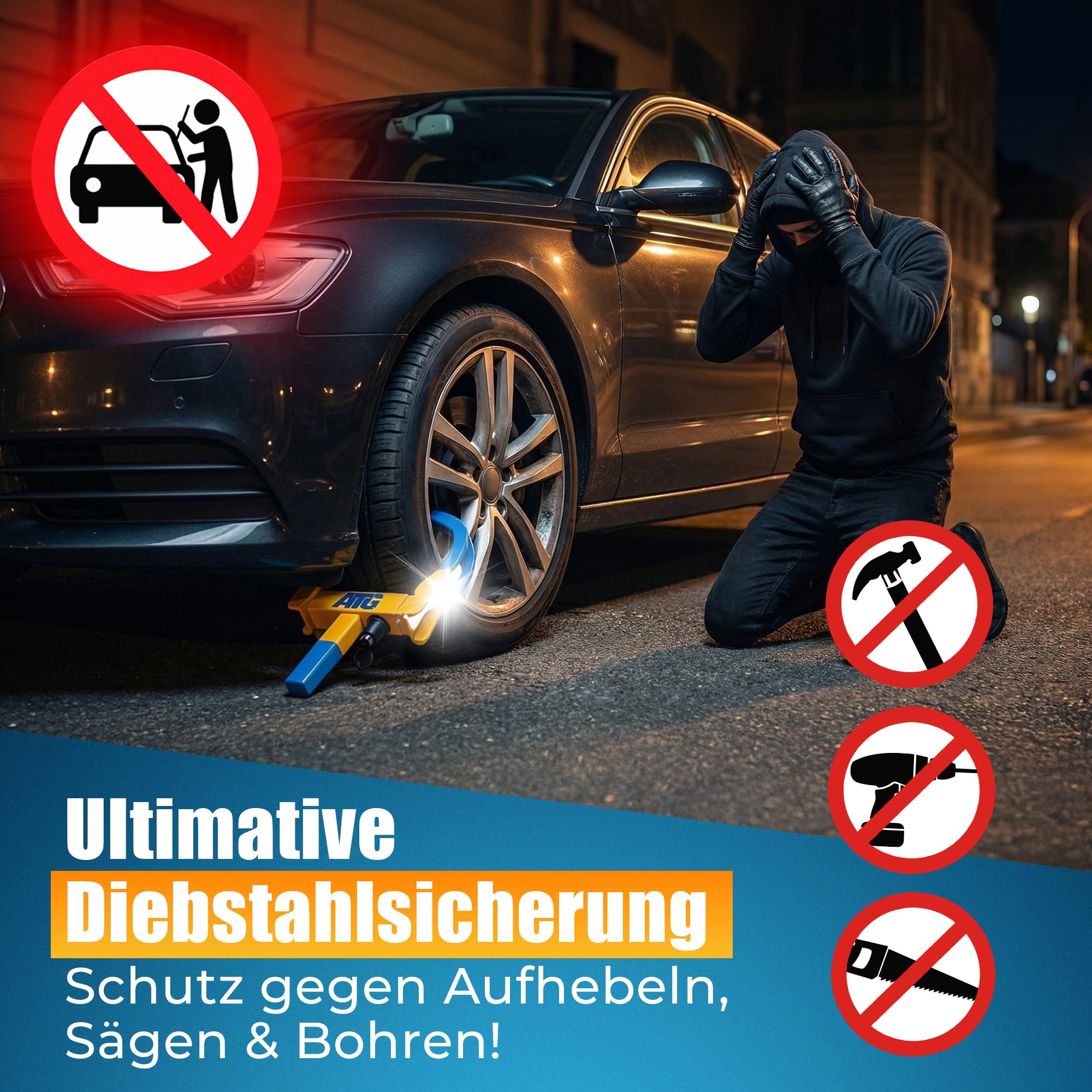 ATG Parkkralle Radkralle für Auto & Anhänger – Universelle Reifenkralle als Wegfahrsperre Auto – Diebstahlsicherung Anhänger für PKW, Wohnwagen, Wohnmobil & Motorrad – Reifenbreite 18–28 cm