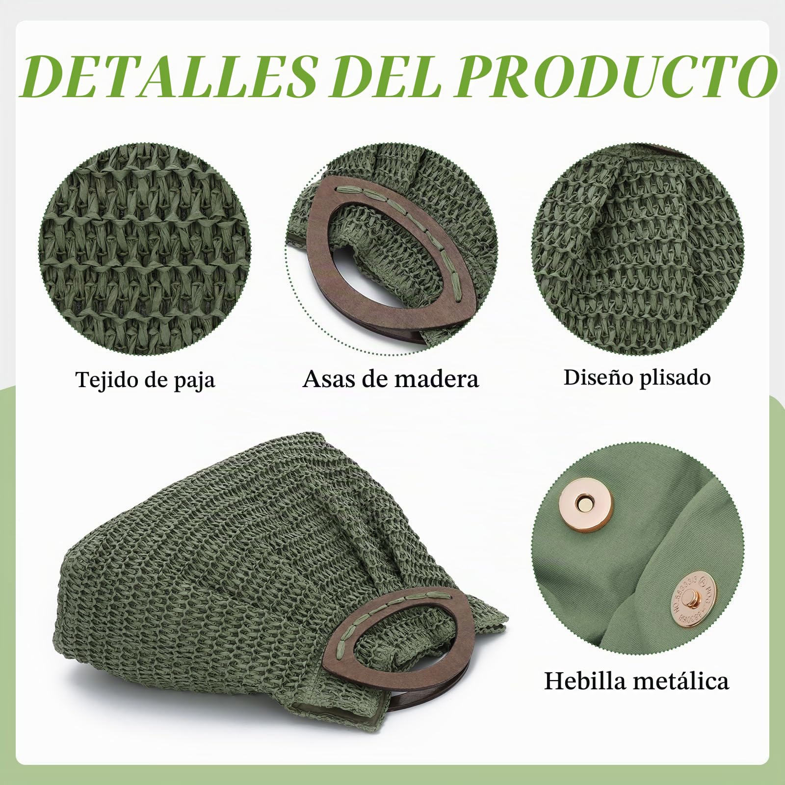 Bolso de Paja para Mujer - Bolso de Mano de Playa de Verano Tejido Bolso de Paja de Viaje con asa de Madera para Vacaciones de Fiesta