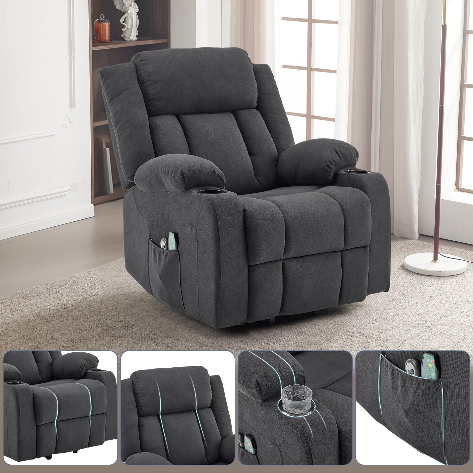 LEADZM Sillón elevador eléctrico relax con función de masaje y calor | inclinación ajustable y reposapiés, mando a distancia incluido, Schwarz