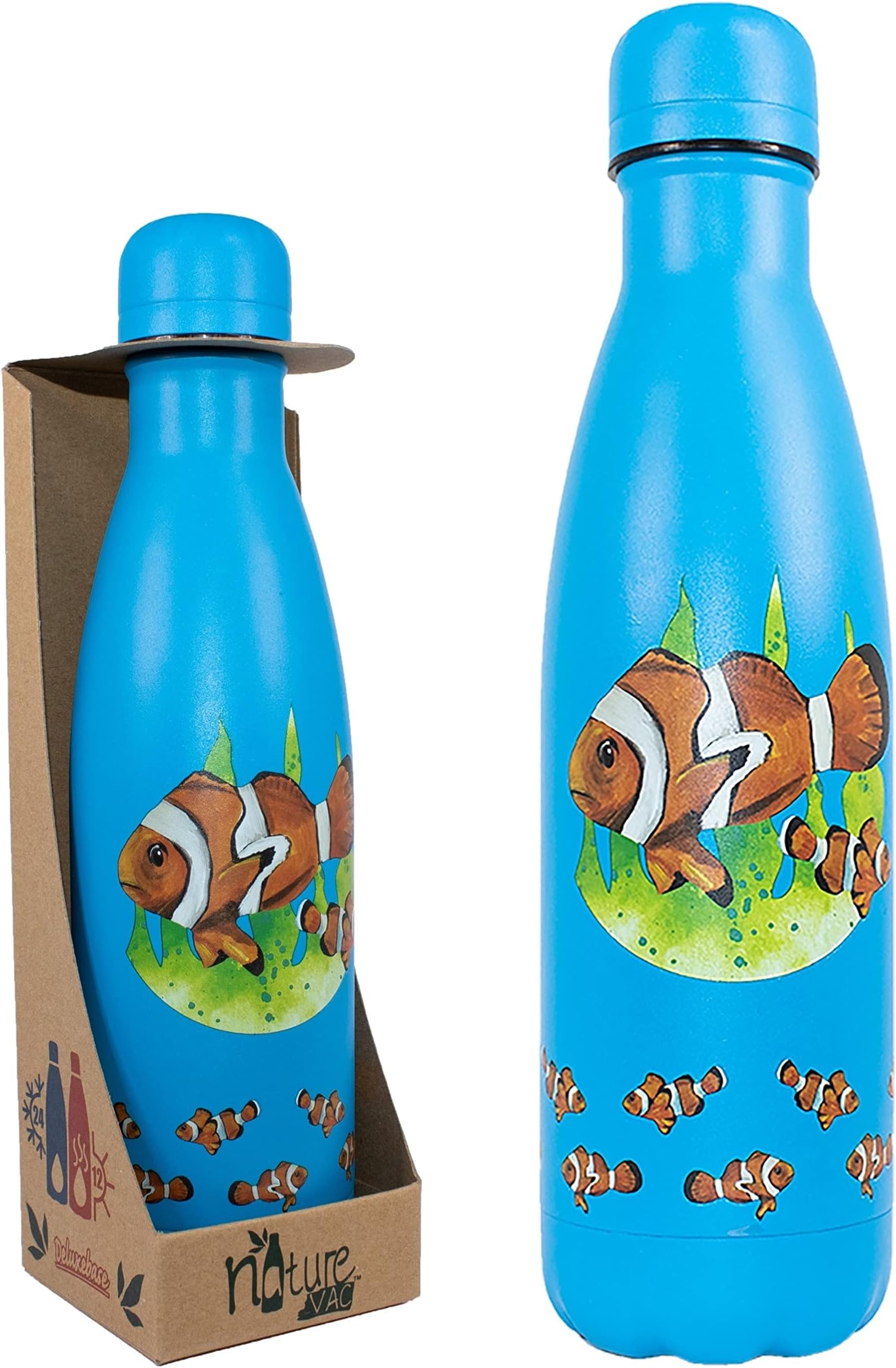 NatureVac - Clown Fish 500ml Insulated Water Bottle from Deluxebase. Blue Stainless Steel Thermal Flask for Gym, Office, Travel - Double Wall Vacuum, Leak Proof & BPA-Free - Cold for 24h/Hot 12h
