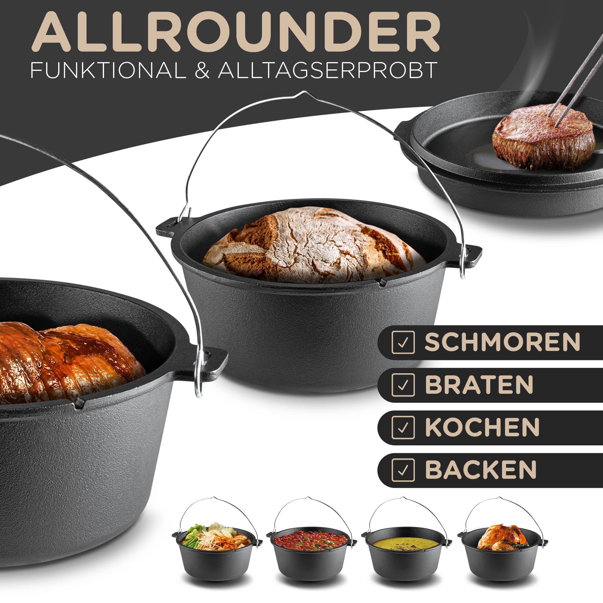 ORIGINAL DUTCH OVEN (9L), JAXX ROADHOUSE eingebrannter Gusseiserner Feuertopf mit Deckelheber & Tragetasche, für Innen und Außen