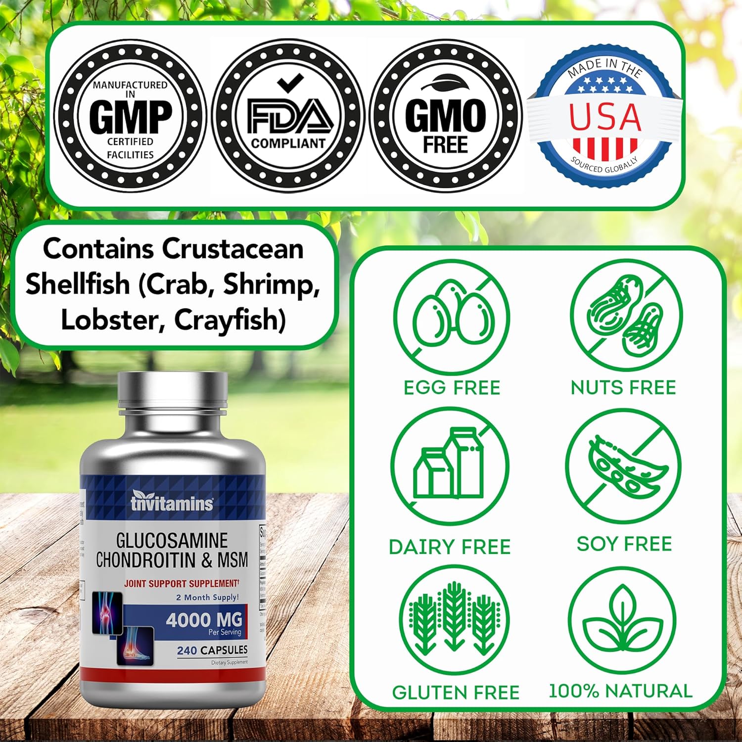 tnvitamins Glucosamine Chondroitin MSM Capsules, 240 Count | 4,000 mg Per Serving | 2,000 mg Glucosamine Sulfate 2KCl + 2,000 mg MSM & Chondroitin Blend | Joint Support Supplement - Image 5