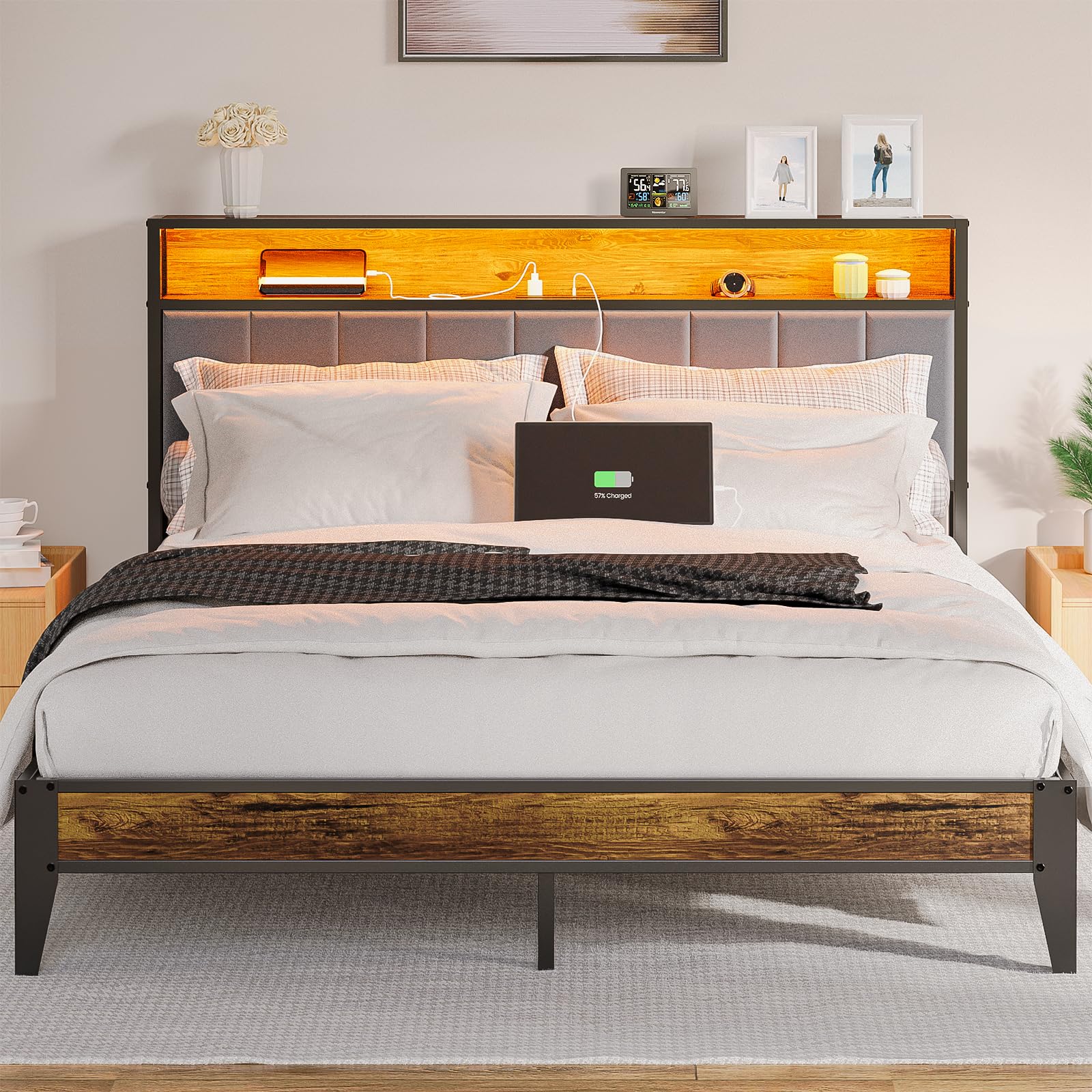 LECEVOCYQueen Bed Frame, Queen Size Metal Platform with Storage & LED Light Headboard and 1 Type C & 2 USB Charging Station, No Box Spring Needed|Noise Free and Easy Assembly Tool