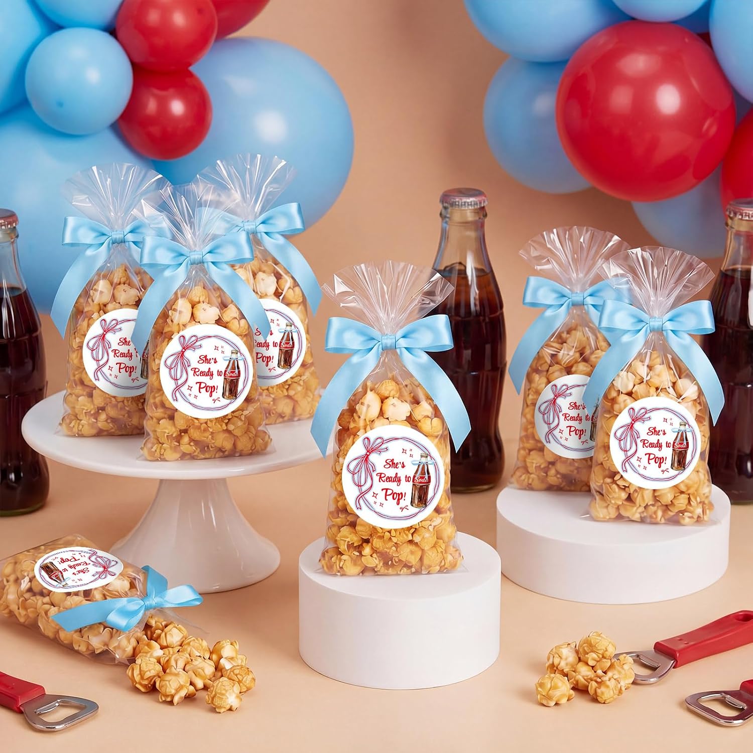 Chivertion 100 Packs She's Ready to Pop Baby Shower Clear Popcorn Bags Bulk 4.92 x 10.83 Inch Cellophane Treat Plastic Party Favors Bags with Sticker and Ribbon for Gift Wrapping, Food Storage